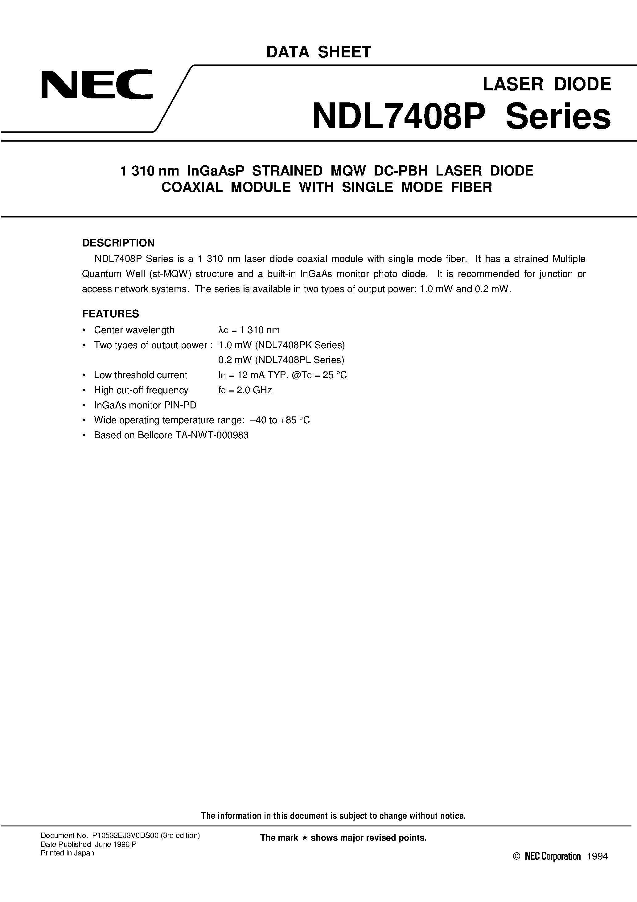 Datasheet NDL7408P2KD - 1 310 nm InGaAsP STRAINED MQW DC-PBH LASER DIODE COAXIAL MODULE WITH SINGLE MODE FIBER page 1