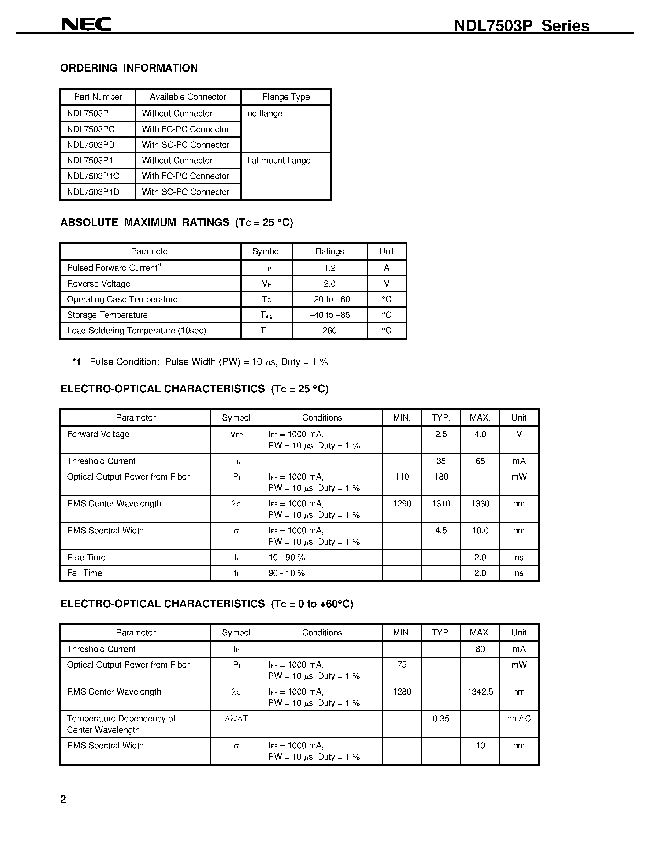 Datasheet NDL7503P - InGaAsP MQW DC-PBH PULSED LASER DIODE MODULE 1 550 nm OTDR APPLICATION page 2