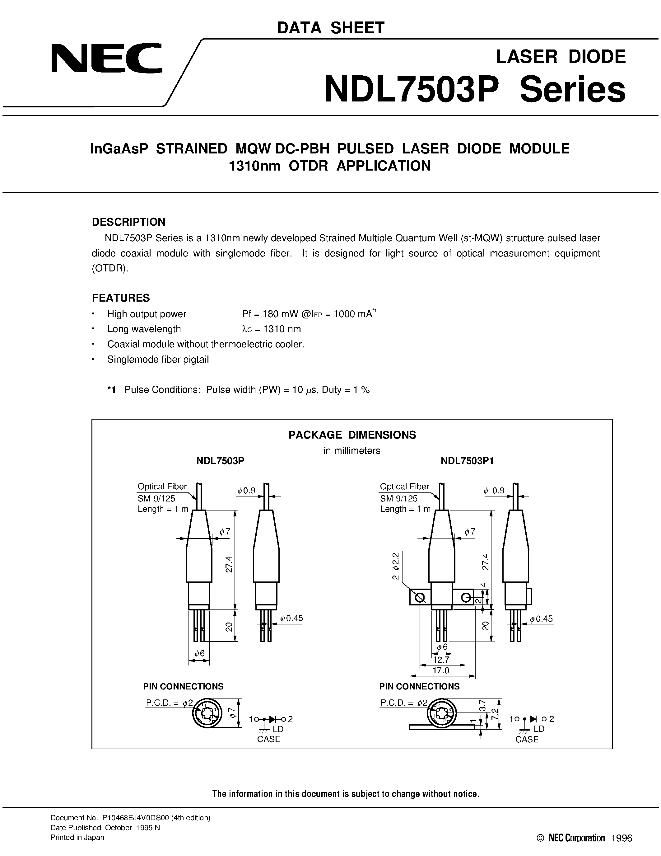 Datasheet NDL7503P1 - InGaAsP MQW DC-PBH PULSED LASER DIODE MODULE 1 550 nm OTDR APPLICATION page 1