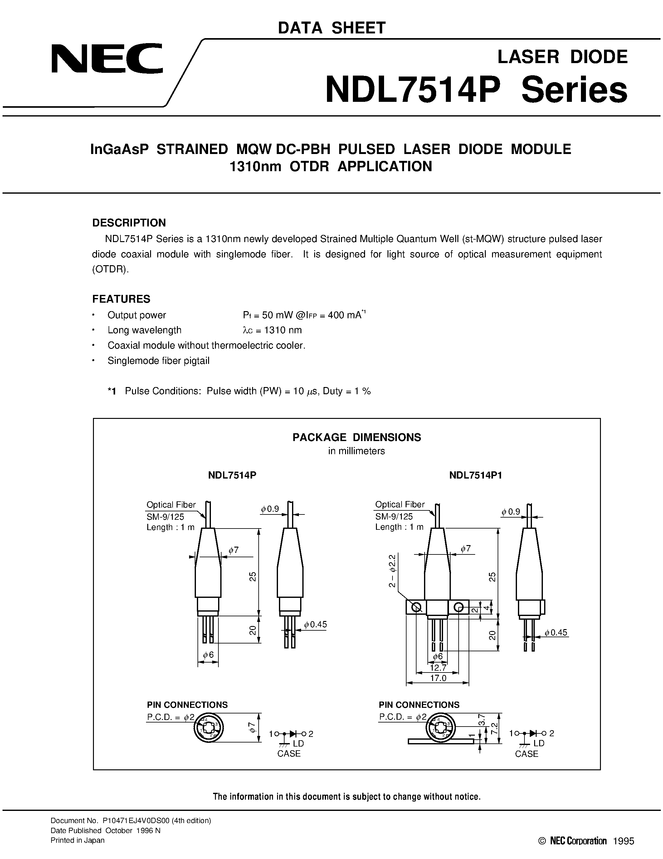 Datasheet NDL7514P - InGaAsP MQW DC-PBH PULSED LASER DIODE MODULE 1 550 nm OTDR APPLICATION page 1