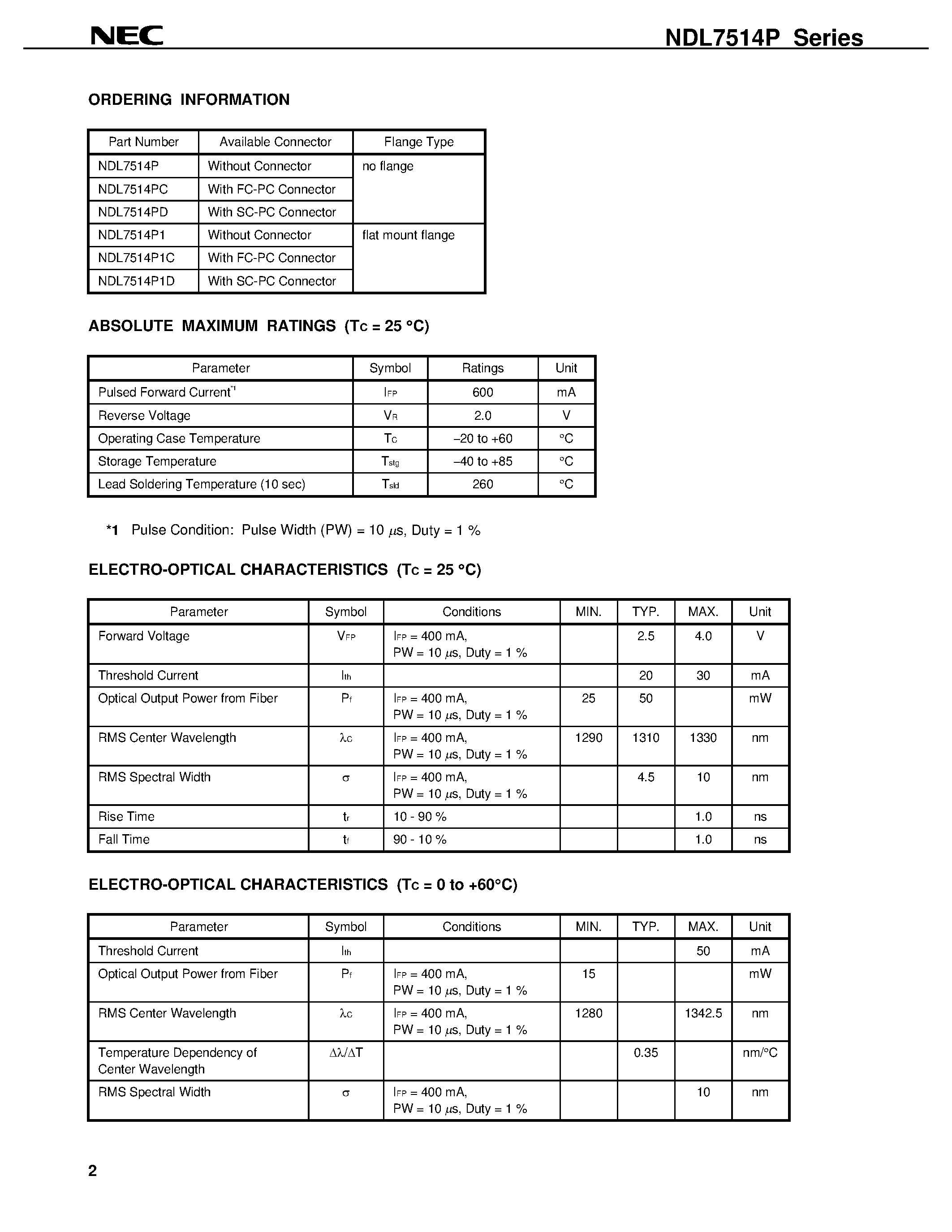 Datasheet NDL7514P - InGaAsP MQW DC-PBH PULSED LASER DIODE MODULE 1 550 nm OTDR APPLICATION page 2
