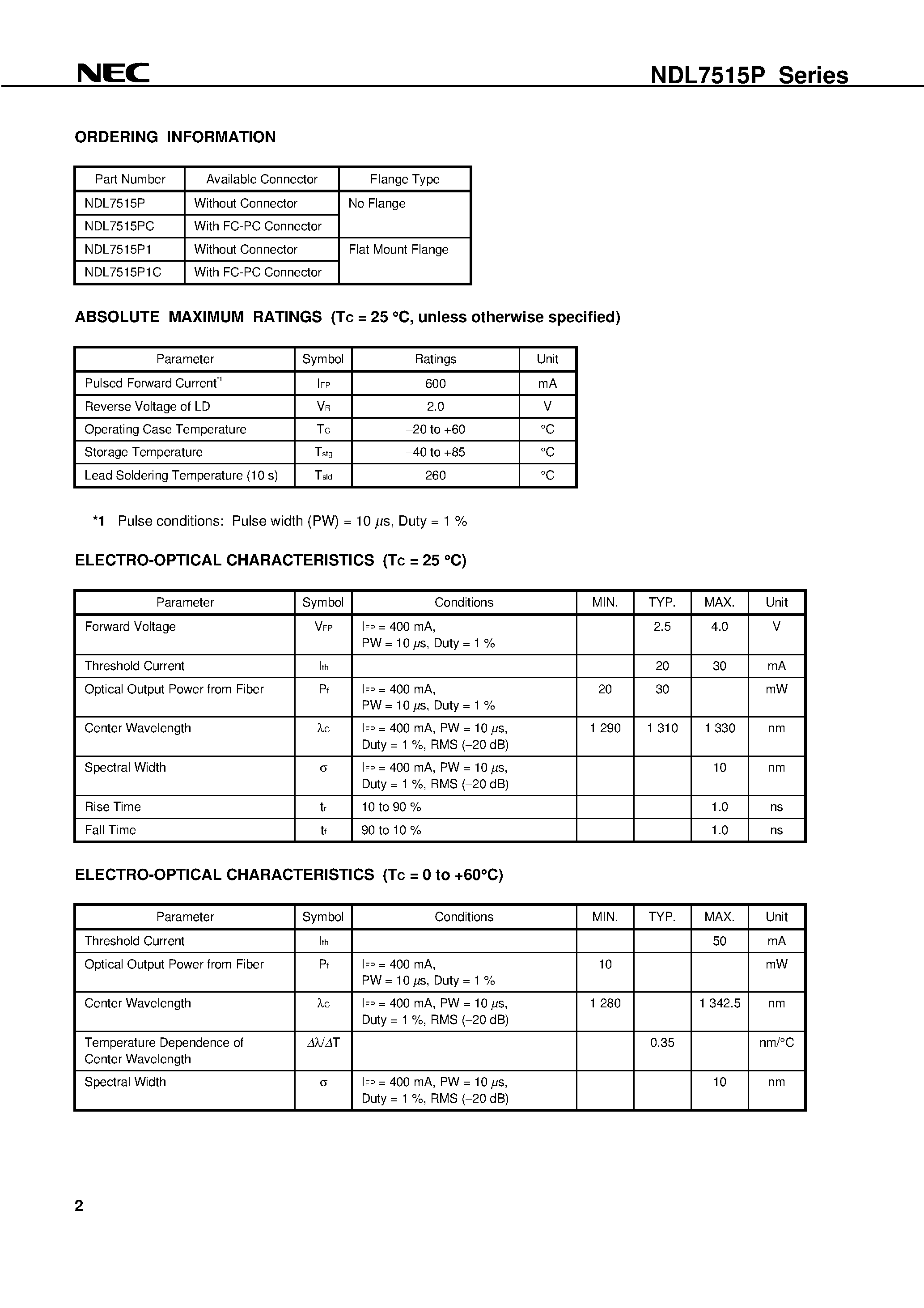Datasheet NDL7515P - InGaAsP MQW DC-PBH PULSED LASER DIODE MODULE 1 550 nm OTDR APPLICATION page 2