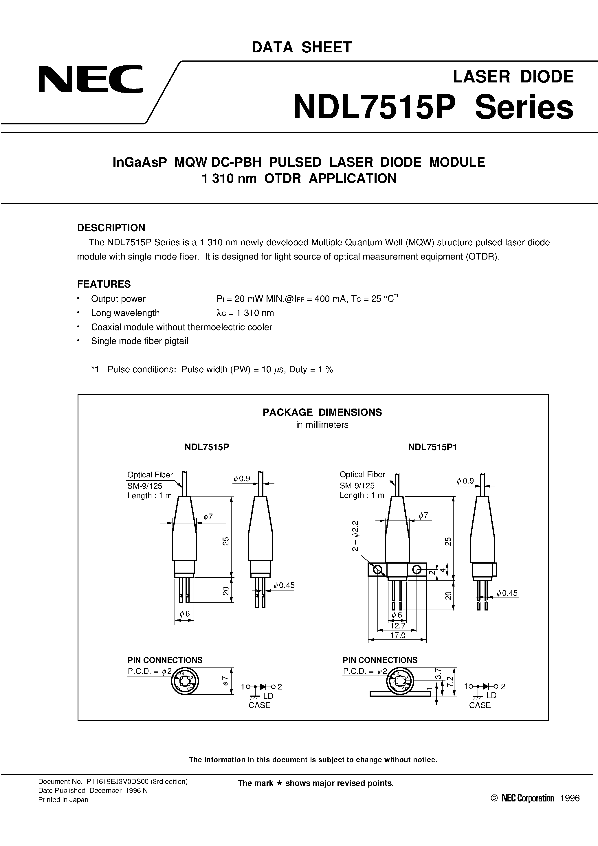 Datasheet NDL7515P1C - InGaAsP MQW DC-PBH PULSED LASER DIODE MODULE 1 310 nm OTDR APPLICATION page 1