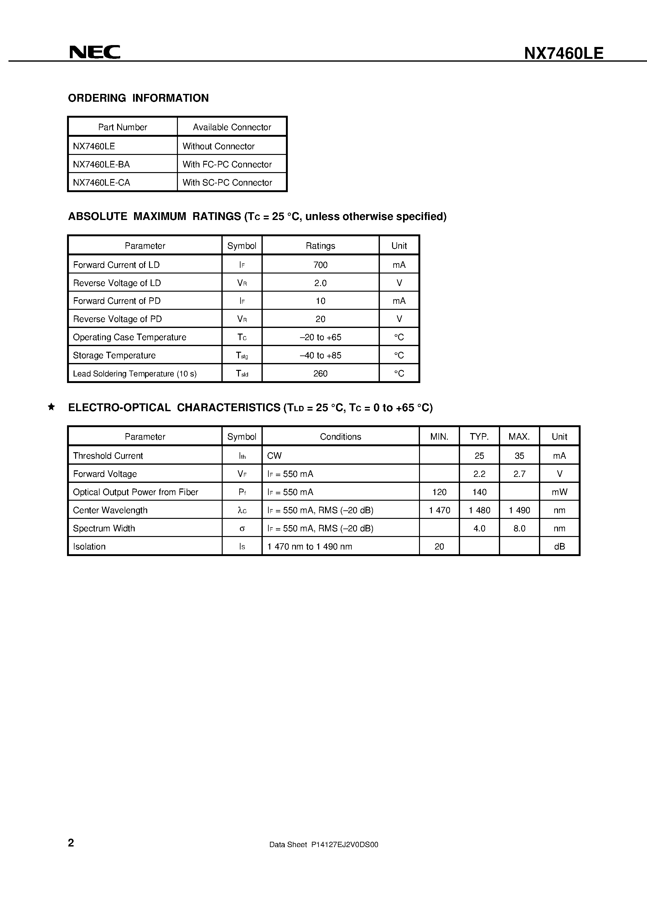 Datasheet NDL7540PA - 1 510 nm OPTICAL FIBER COMMUNICATIONS InGaAsP STRAINED MQW DC-PBH LASER DIODE MODULE page 2