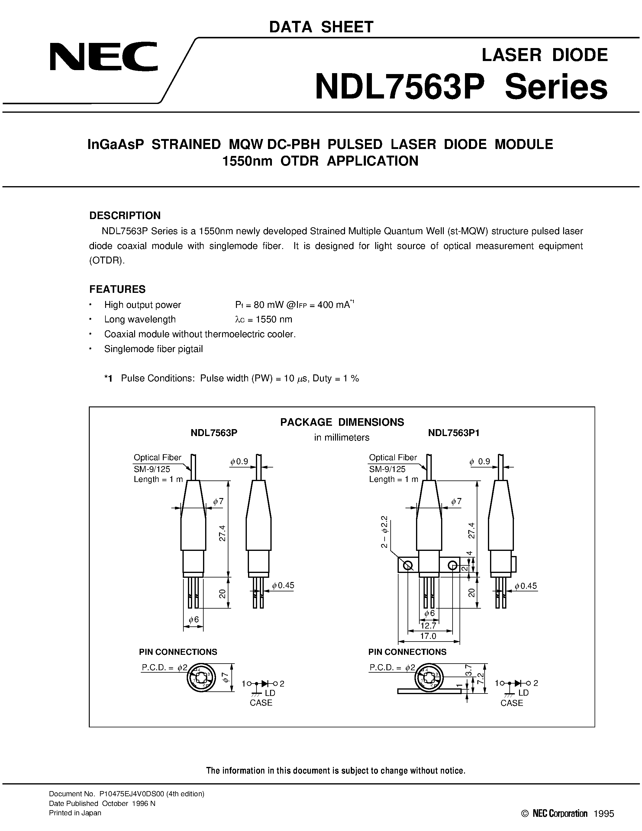 Datasheet NDL7563P - InGaAsP MQW DC-PBH PULSED LASER DIODE MODULE 1 550 nm OTDR APPLICATION page 1