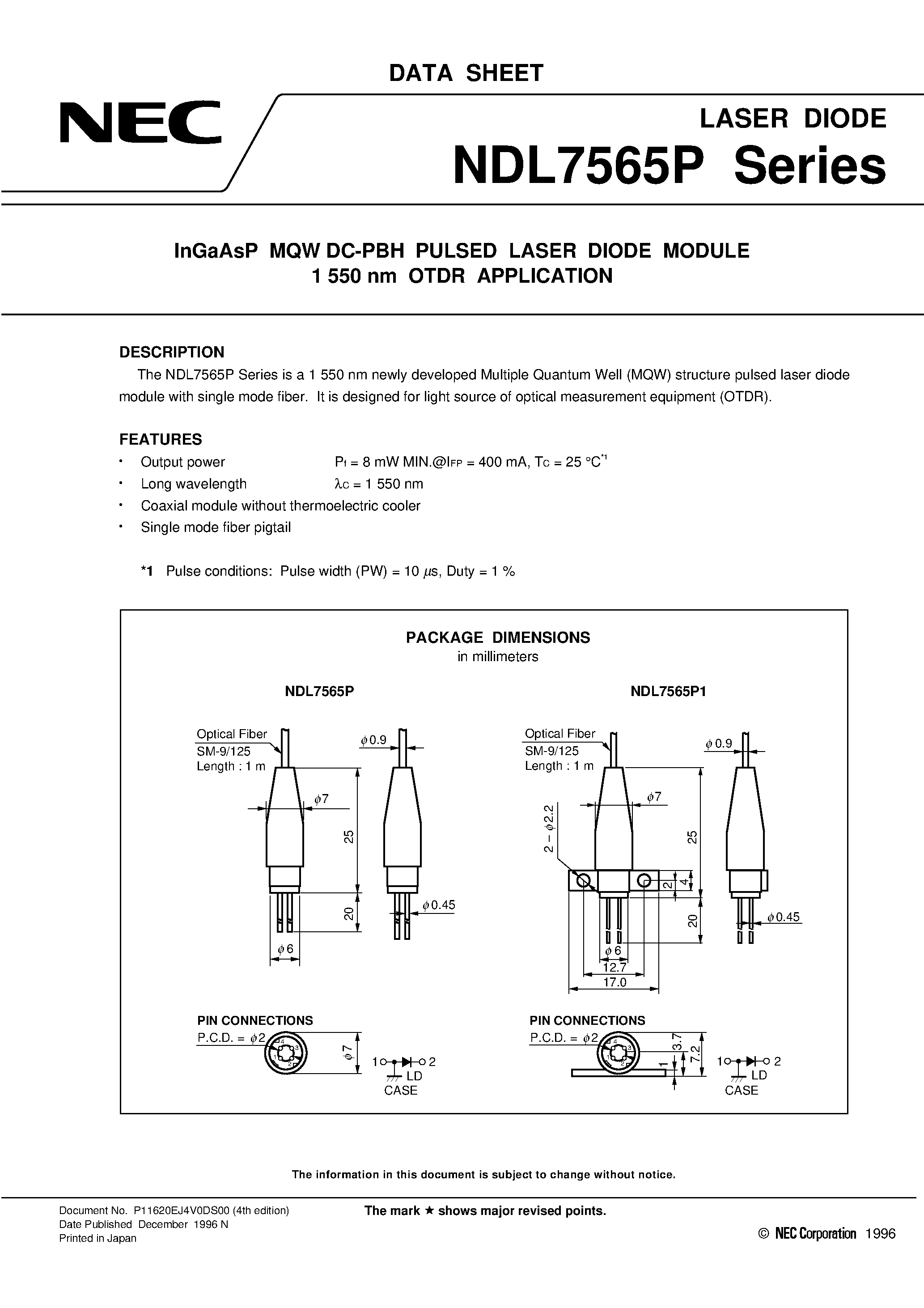 Datasheet NDL7565P1C - InGaAsP MQW DC-PBH PULSED LASER DIODE MODULE 1 550 nm OTDR APPLICATION page 1