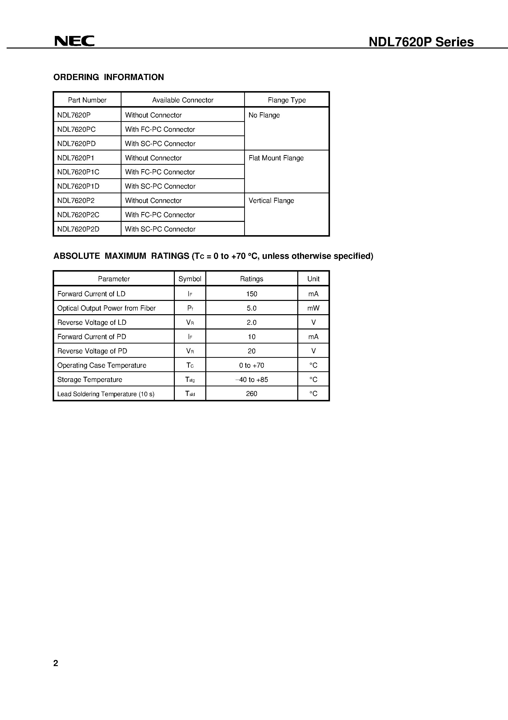 Datasheet NDL7620P - CW LIGHT SOURCE InGaAsP STRAINED MQW-DFB LASER DIODE MODULE FOR D-WDM APPLICATIONS page 2