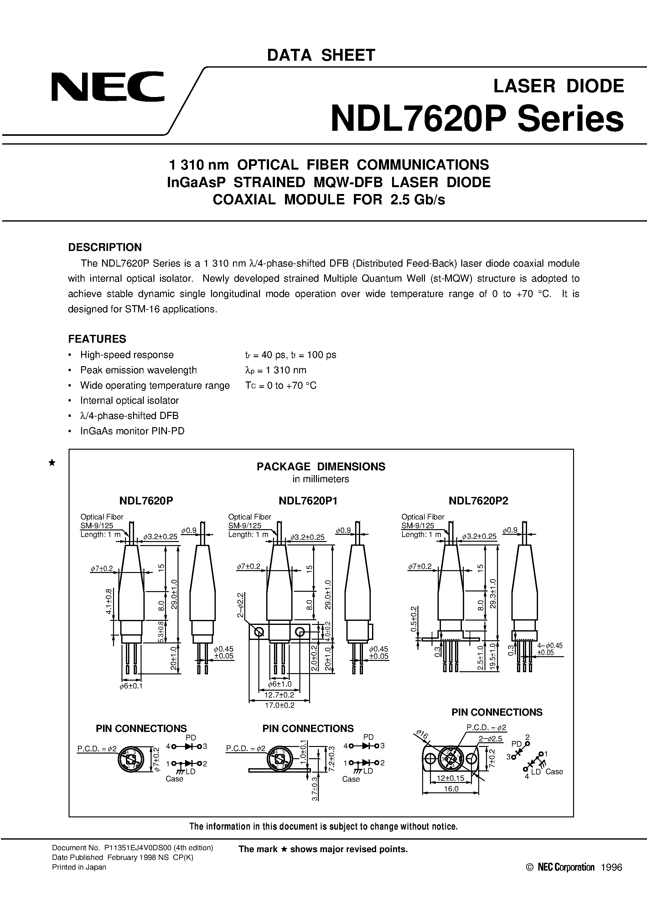 Datasheet NDL7620PC - 1 310 nm OPTICAL FIBER COMMUNICATIONS InGaAsP STRAINED MQW-DFB LASER DIODE COAXIAL MODULE FOR 2.5 Gb/s page 1