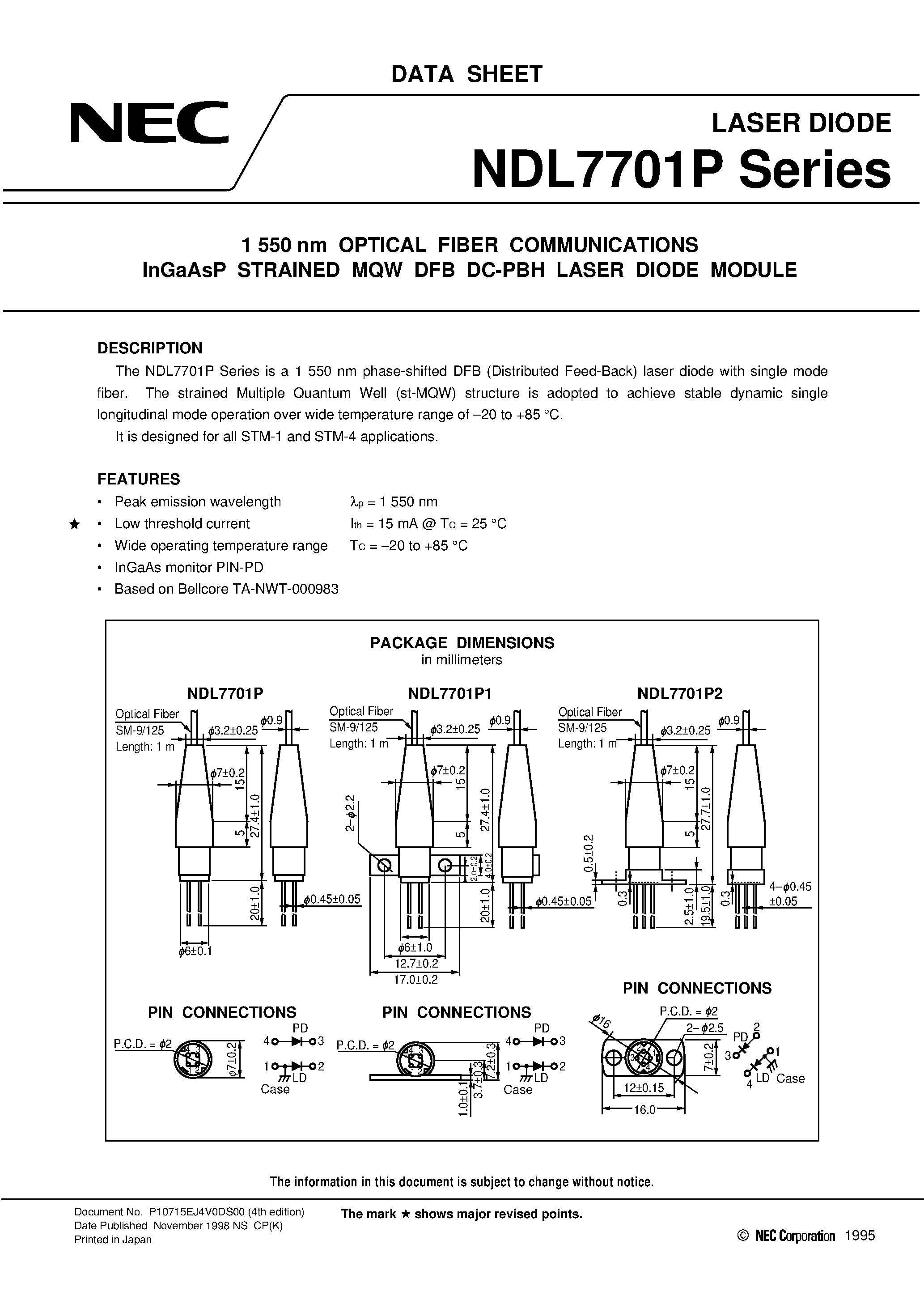 Datasheet NDL7701PC - 1 550 nm OPTICAL FIBER COMMUNICATIONS InGaAsP STRAINED MQW DFB DC-PBH LASER DIODE MODULE page 1
