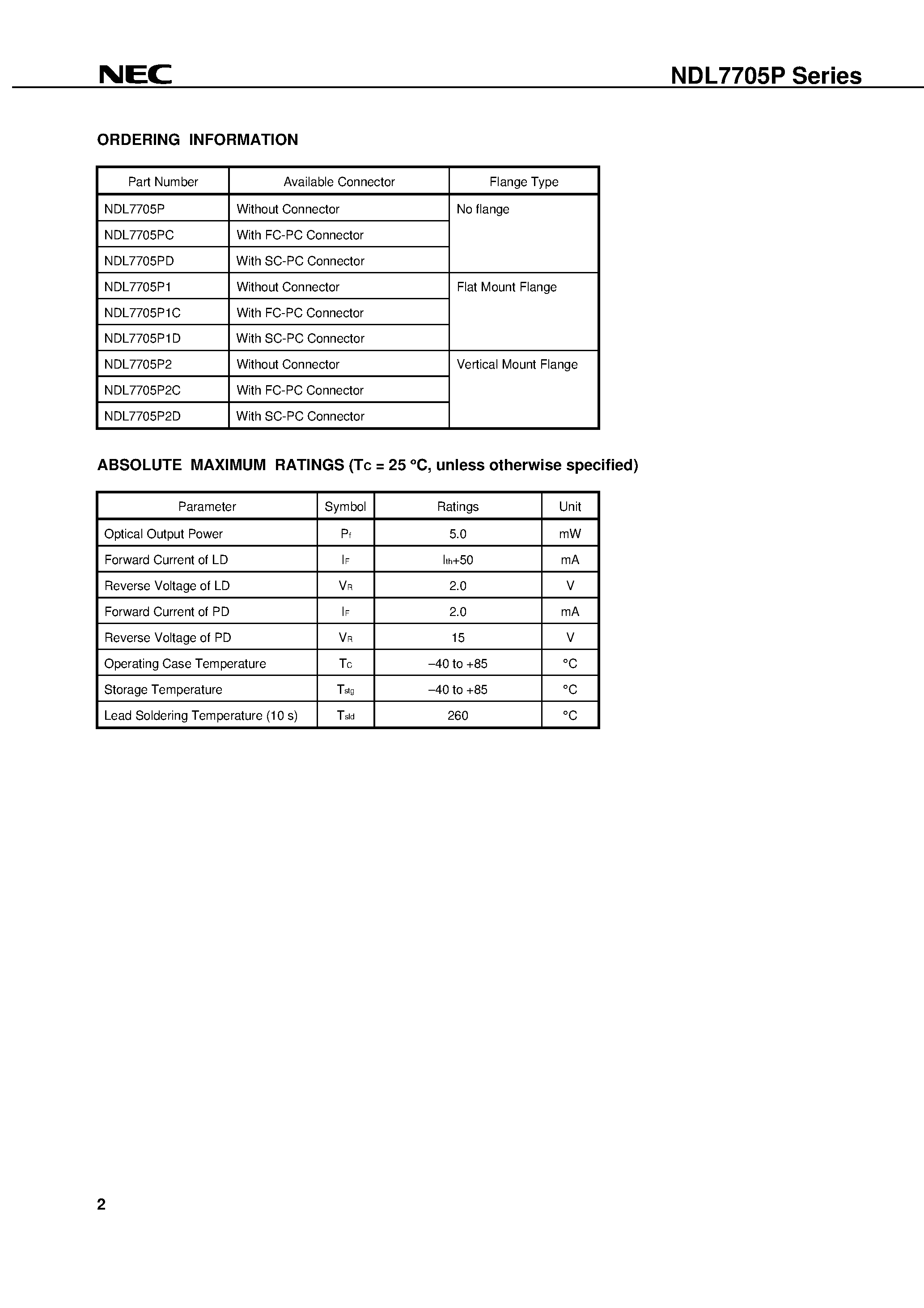 Datasheet NDL7705P - CW LIGHT SOURCE InGaAsP STRAINED MQW-DFB LASER DIODE MODULE FOR D-WDM APPLICATIONS page 2