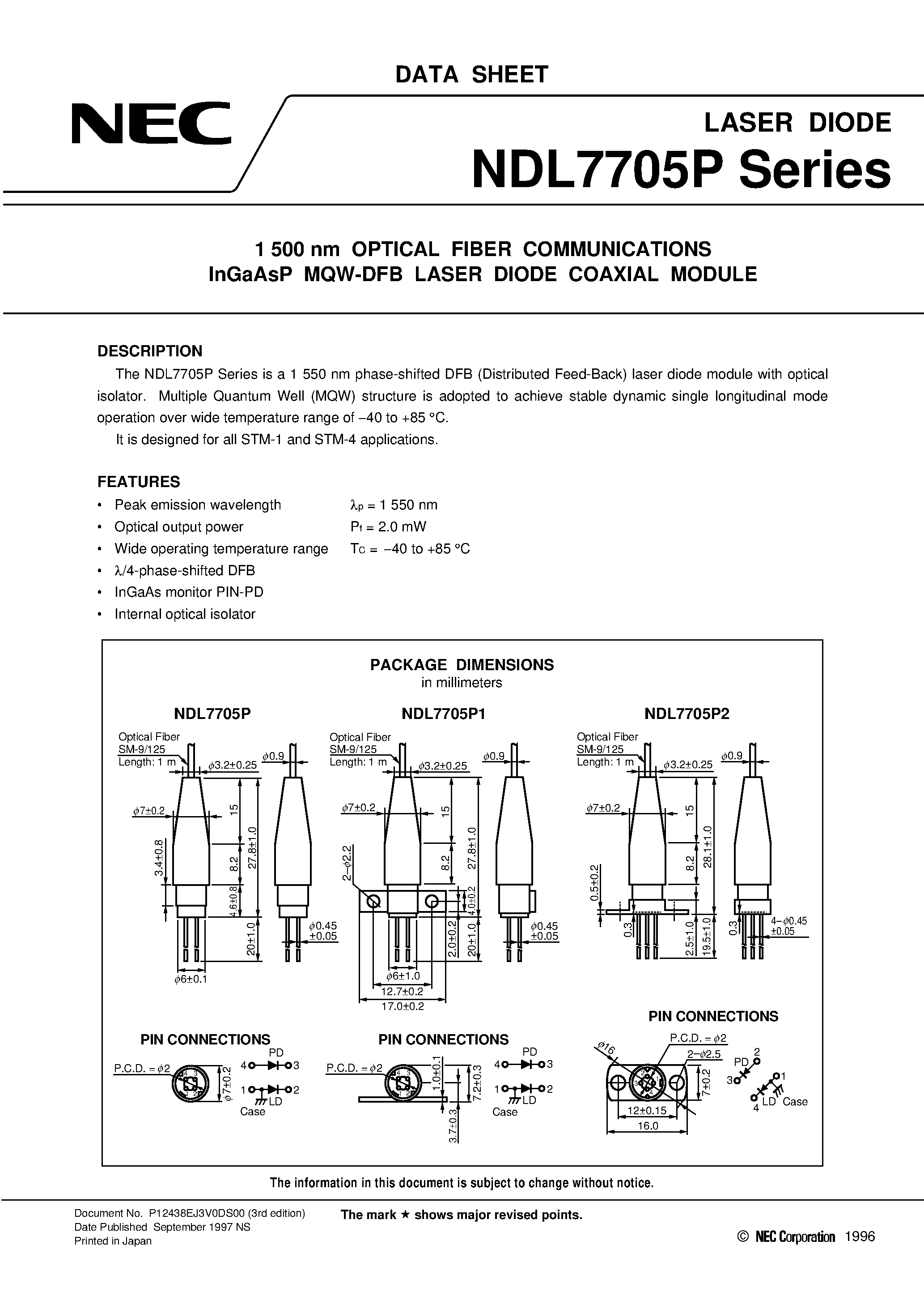 Datasheet NDL7705PD - 1 500 nm OPTICAL FIBER COMMUNICATIONS InGaAsP MQW-DFB LASER DIODE COAXIAL MODULE page 1
