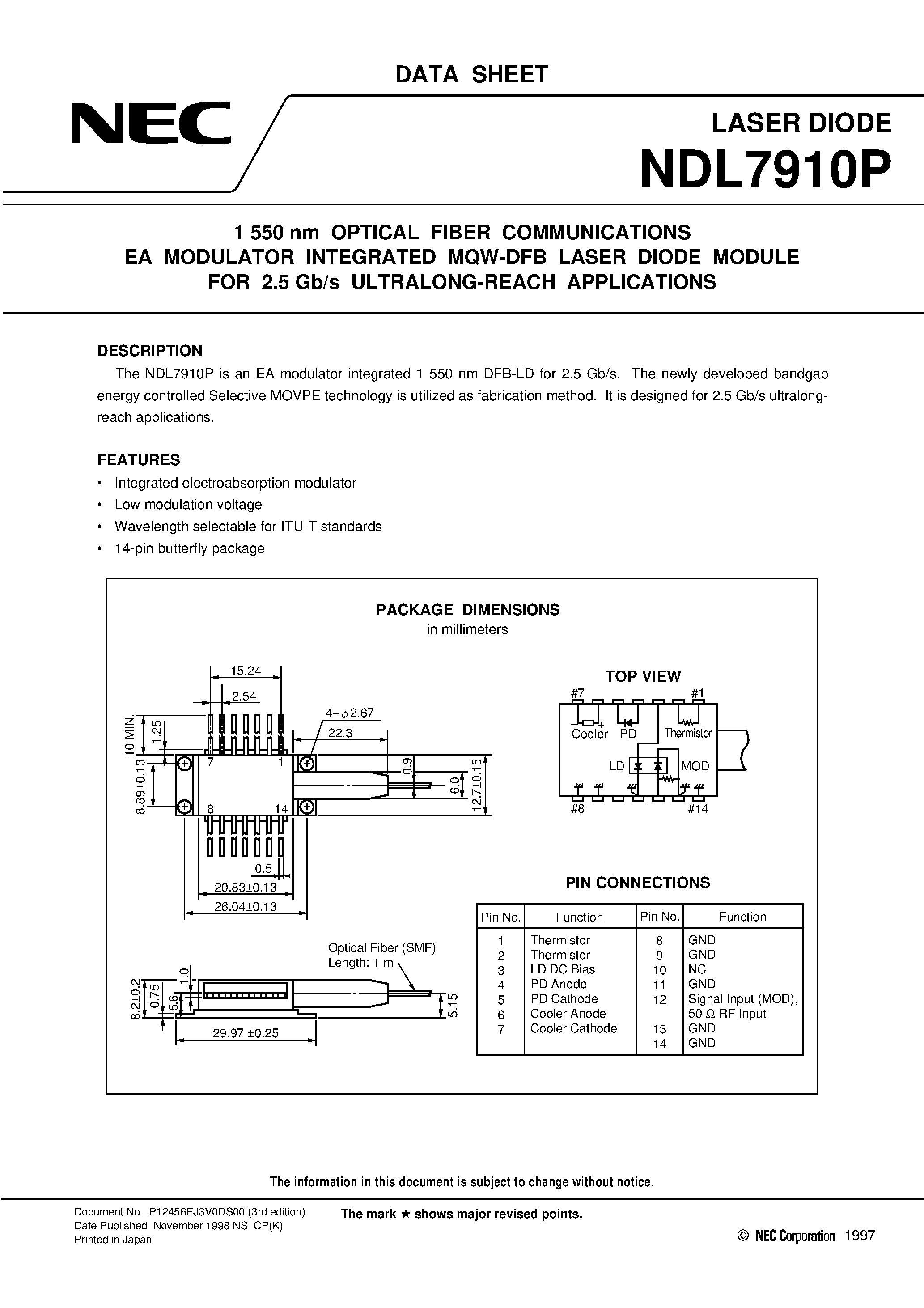 Datasheet NDL7910P - CW LIGHT SOURCE InGaAsP STRAINED MQW-DFB LASER DIODE MODULE FOR D-WDM APPLICATIONS page 1
