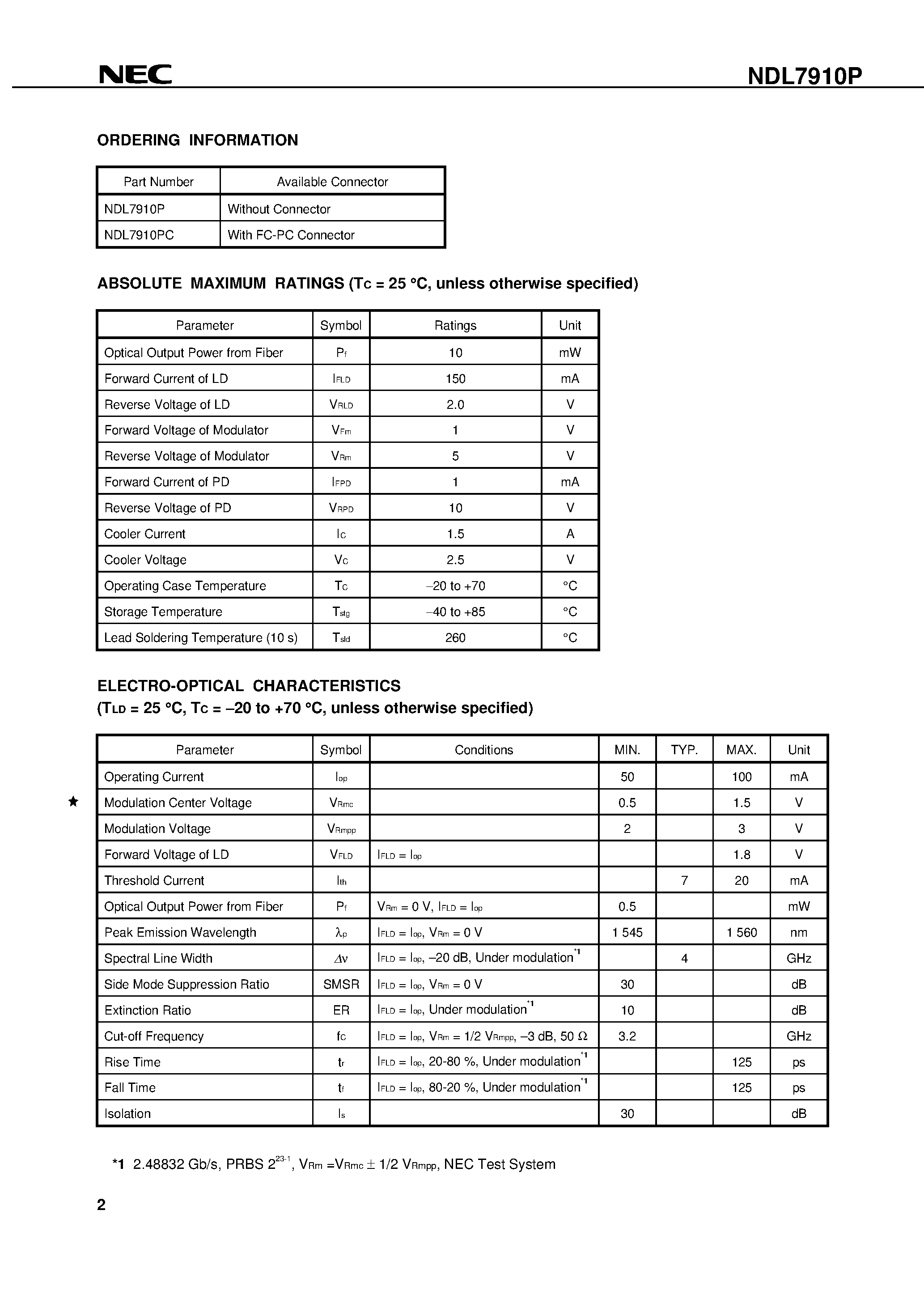 Datasheet NDL7910PC - 1 550 nm OPTICAL FIBER COMMUNICATIONS EA MODULATOR INTEGRATED MQW-DFB LASER DIODE MODULE FOR 2.5 Gb/s ULTRALONG-REACH APPLICATIONS page 2