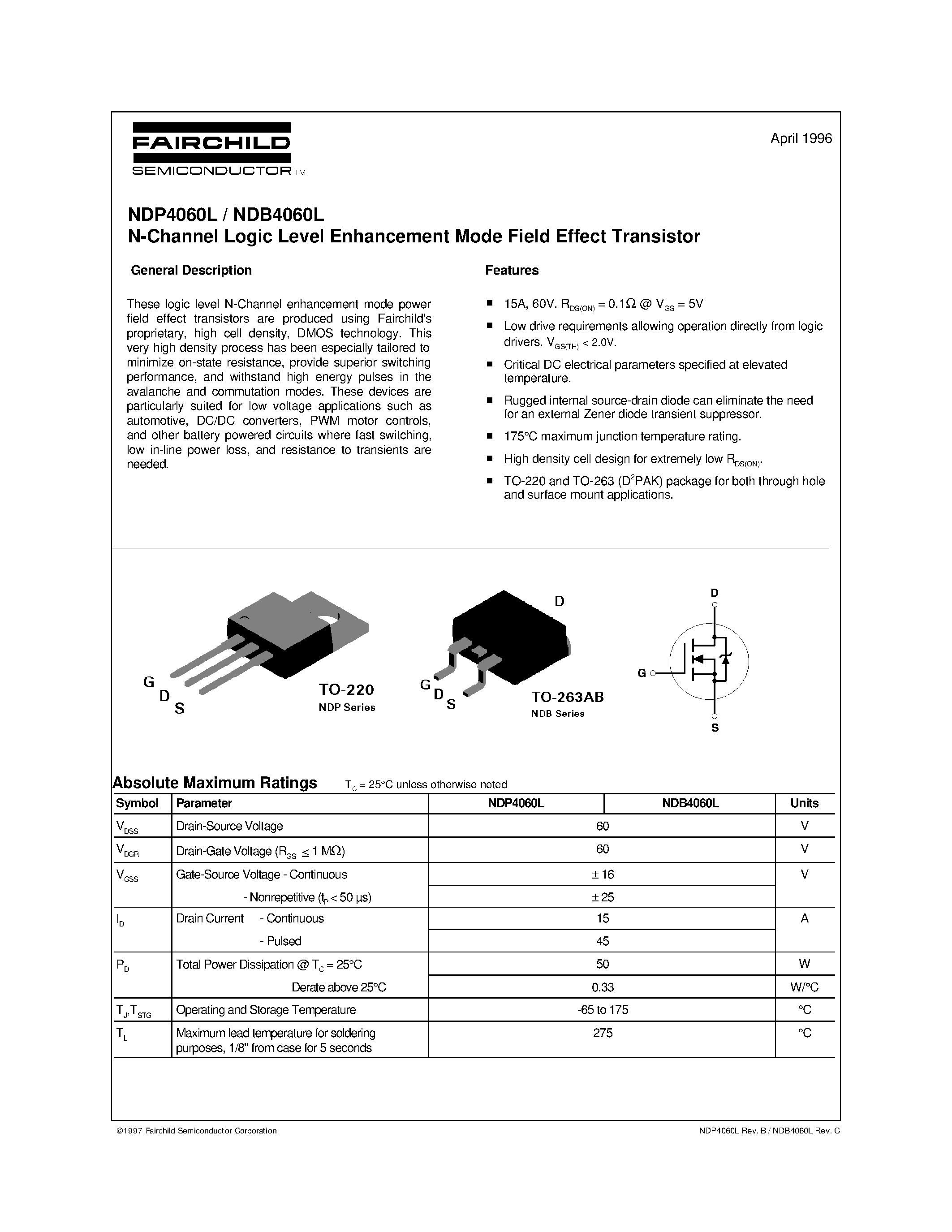Datasheet NDP4060L - N-Channel Logic Level Enhancement Mode Field Effect Transistor page 1