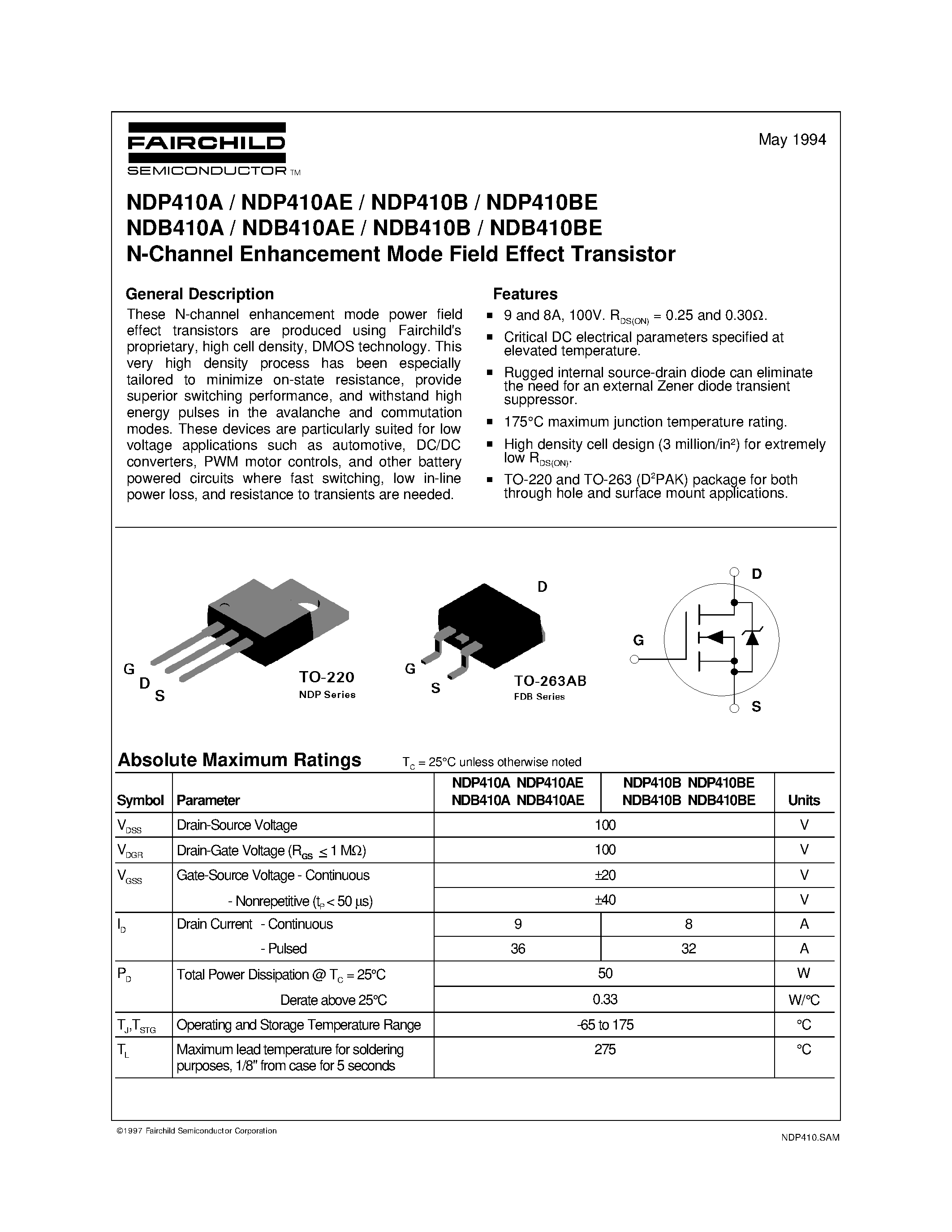Datasheet NDP410AE - N-Channel Enhancement Mode Field Effect Transistor page 1
