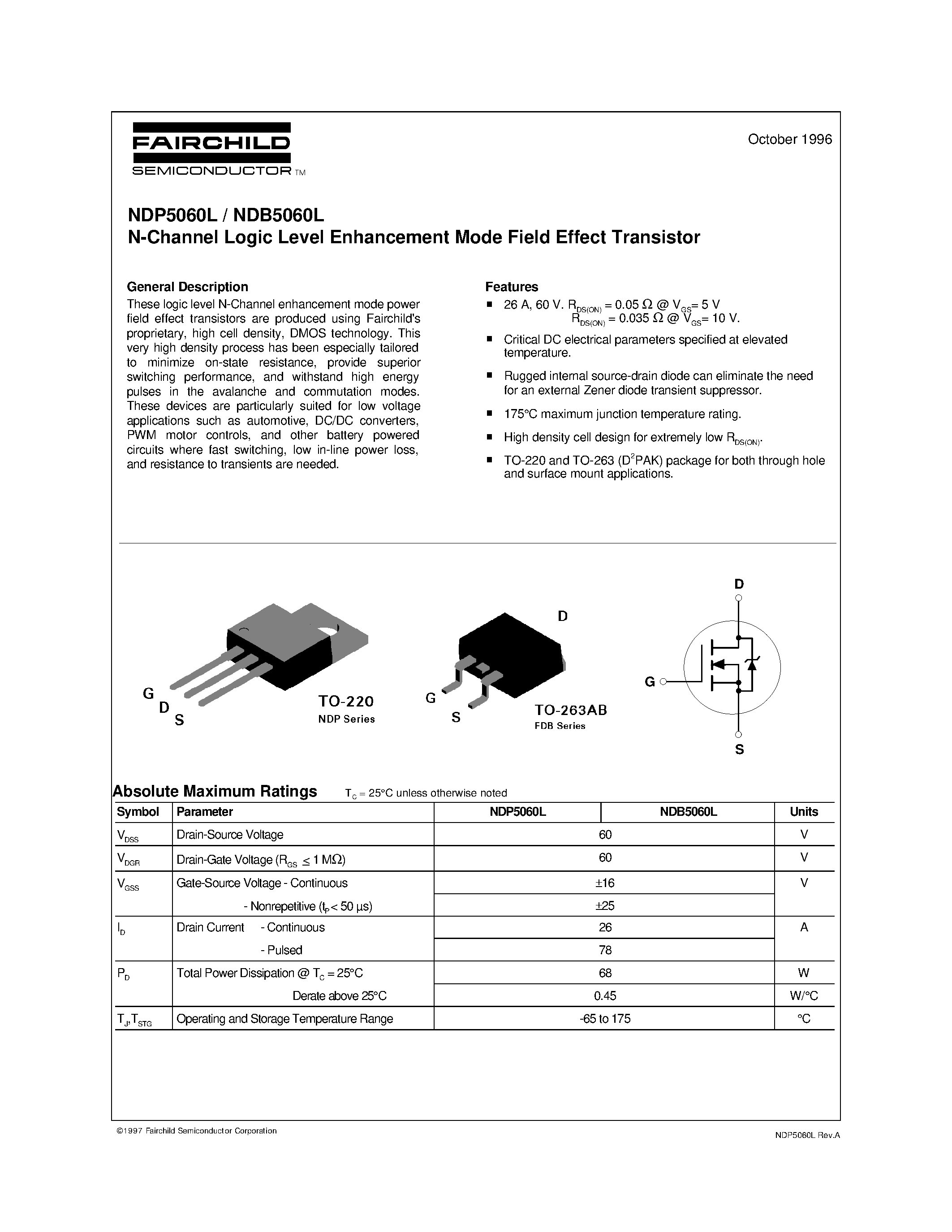 Datasheet NDP5060L page 1 Datasheet NDP5060L - N-Channel Logic Level Enhancement Mode Field Effect Transistor page 1