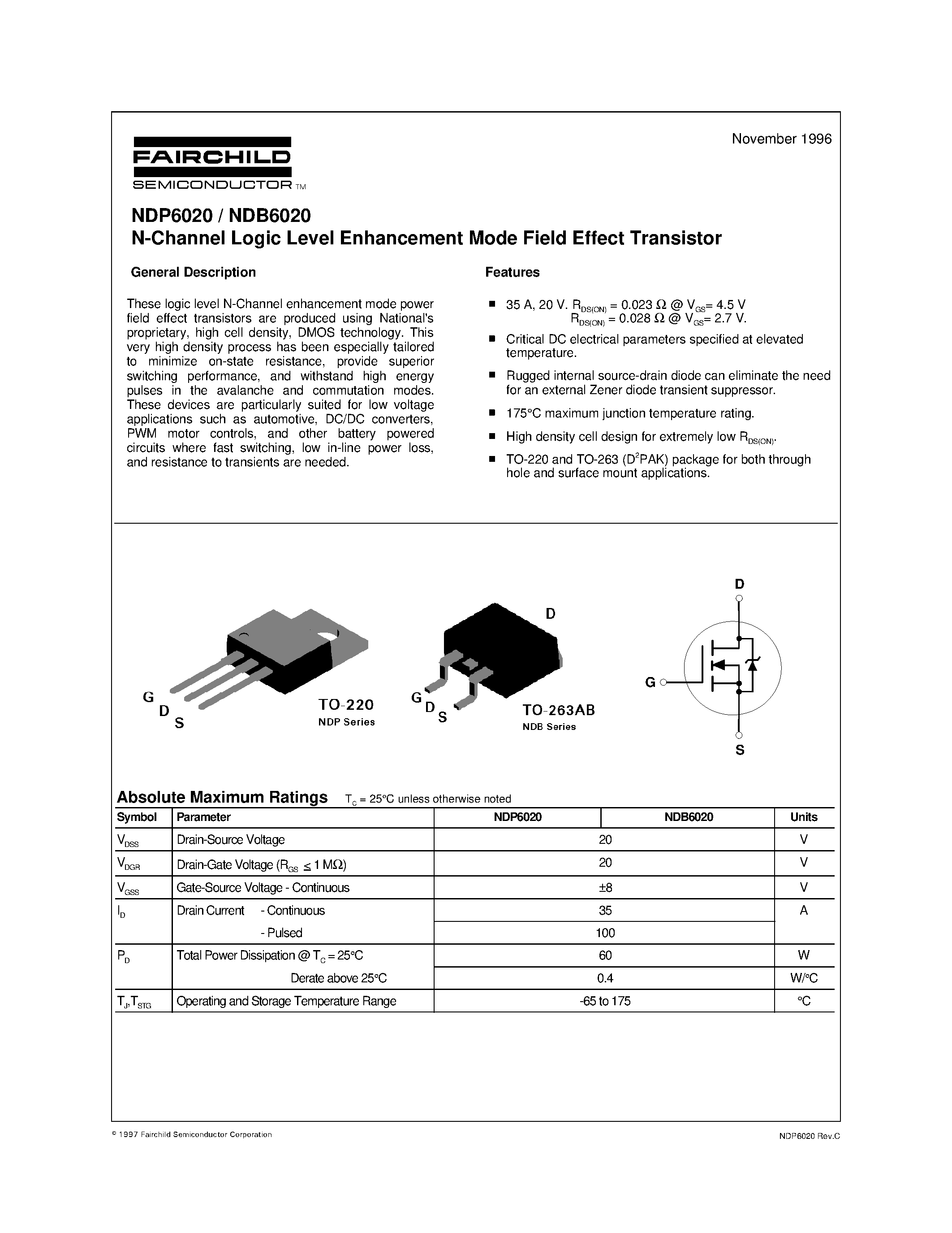 Datasheet NDP6020 page 1 Datasheet NDP6020 - N-Channel Logic Level Enhancement Mode Field Effect Transistor page 1
