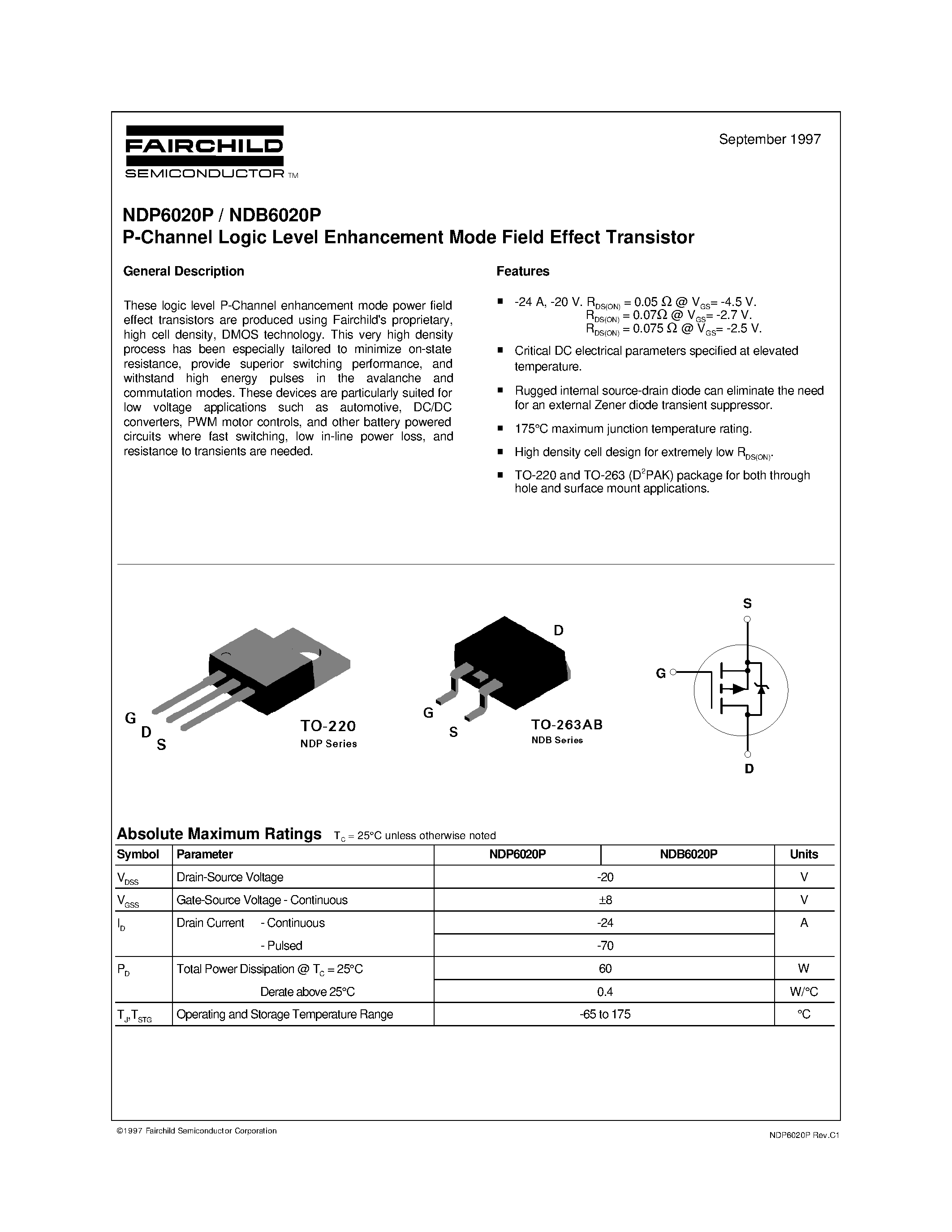 Datasheet NDP6020P - P-Channel Logic Level Enhancement Mode Field Effect Transistor page 1