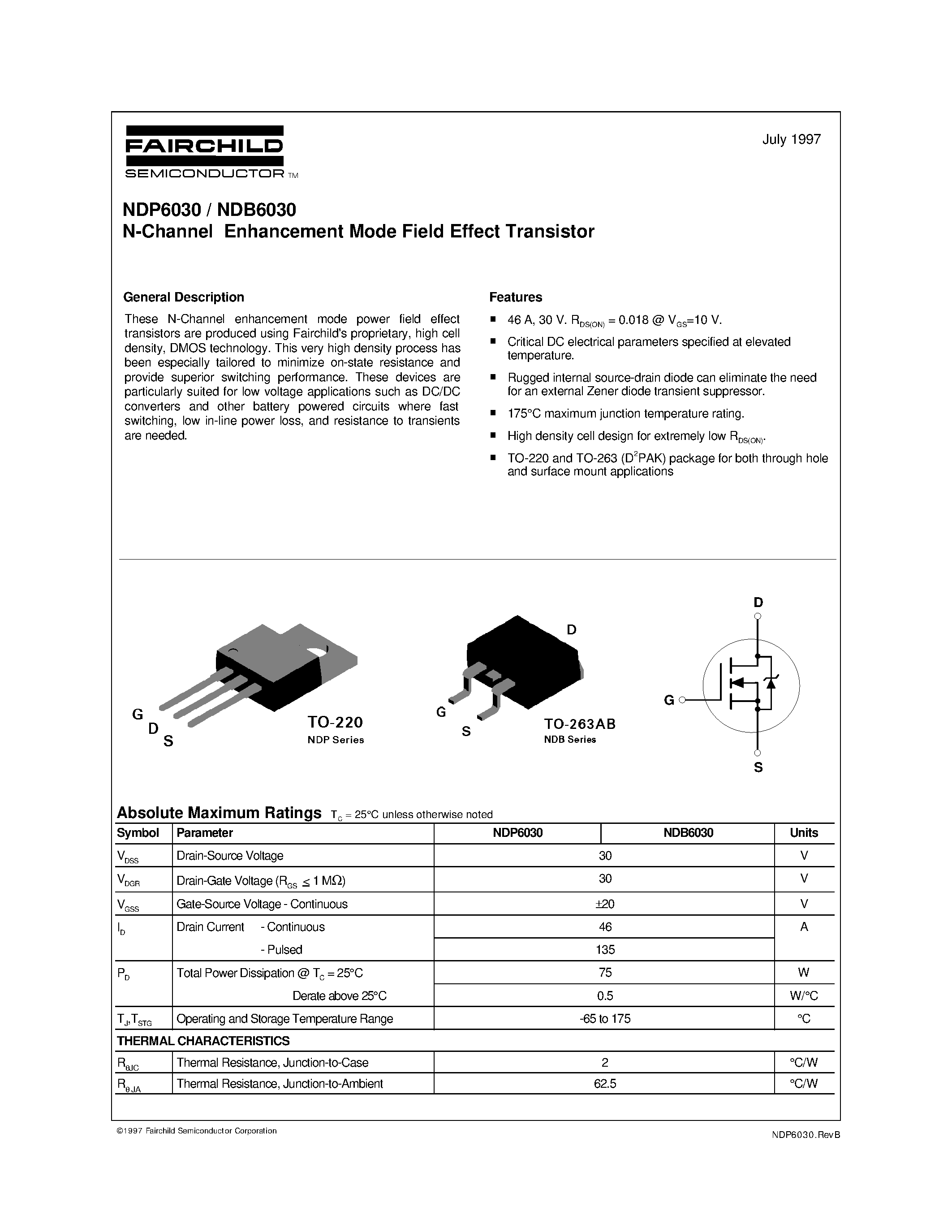 Datasheet NDP6030 - P-Channel Logic Level Enhancement Mode Field Effect Transistor page 1