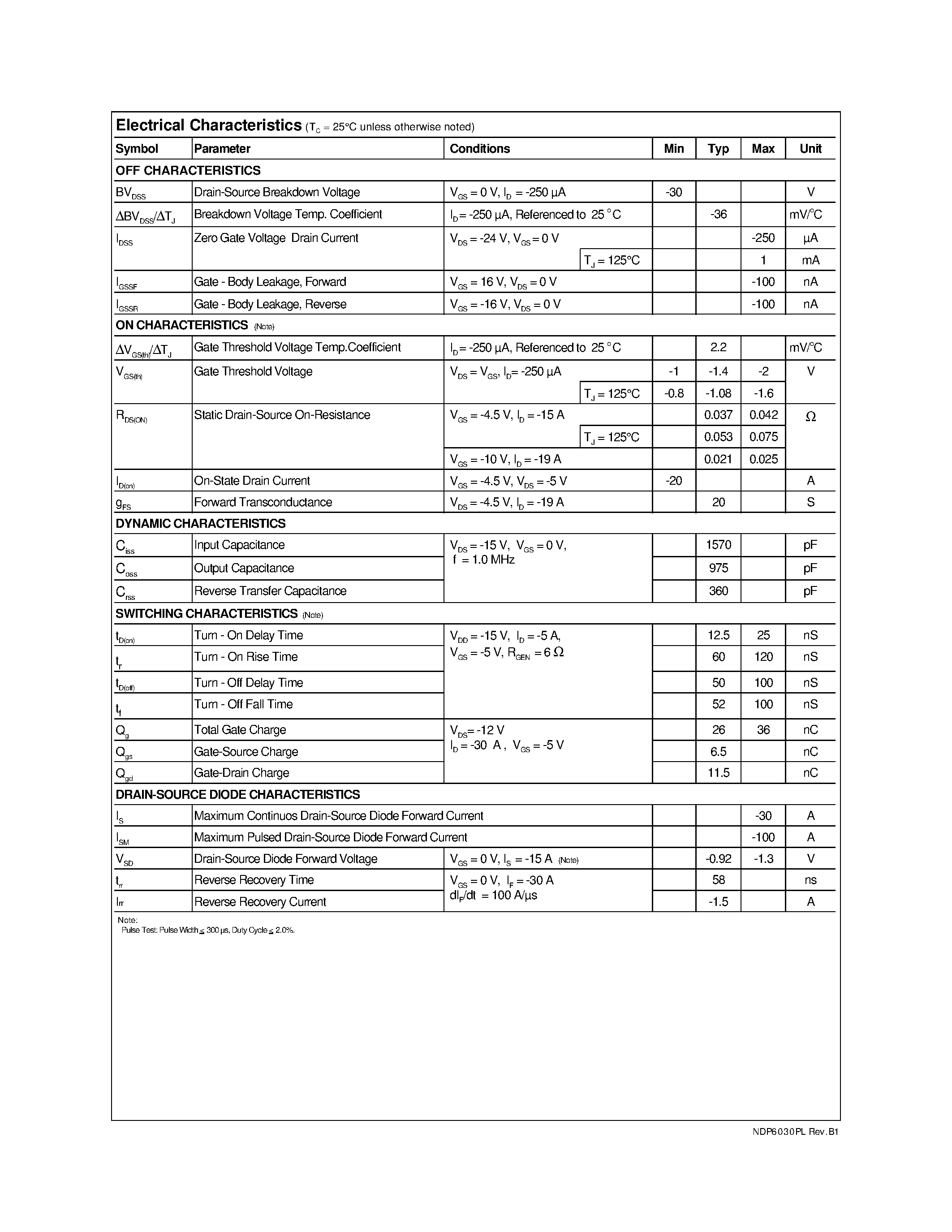 Datasheet NDP6030PL page 2 Datasheet NDP6030PL - P-Channel Logic Level Enhancement Mode Field Effect Transistor page 2
