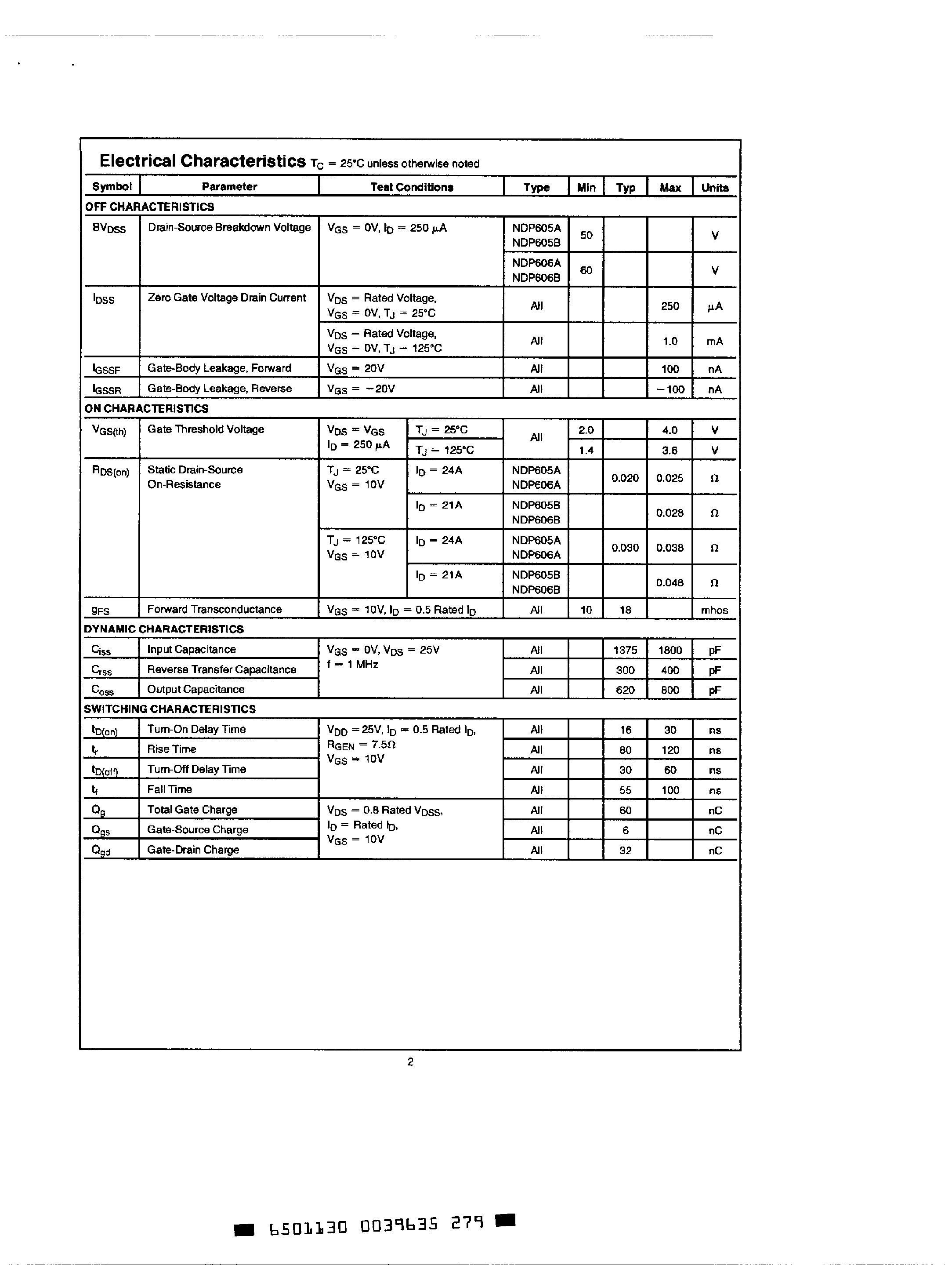 Datasheet NDP605A - N-Channel Enhancement Mode Power Fleid Effect Transistor page 2