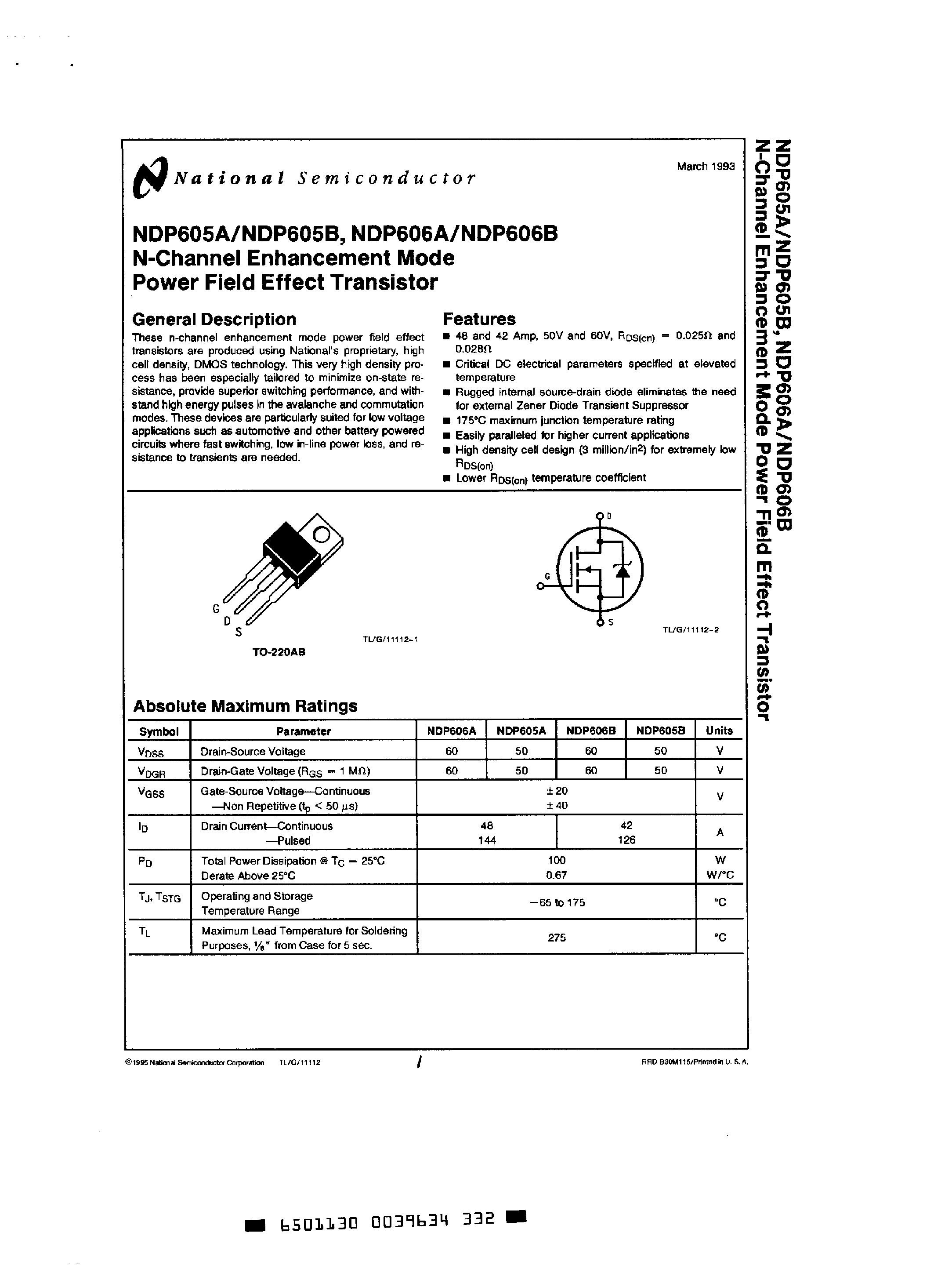Datasheet NDP606A - N-Channel Enhancement Mode Power Fleid Effect Transistor page 1