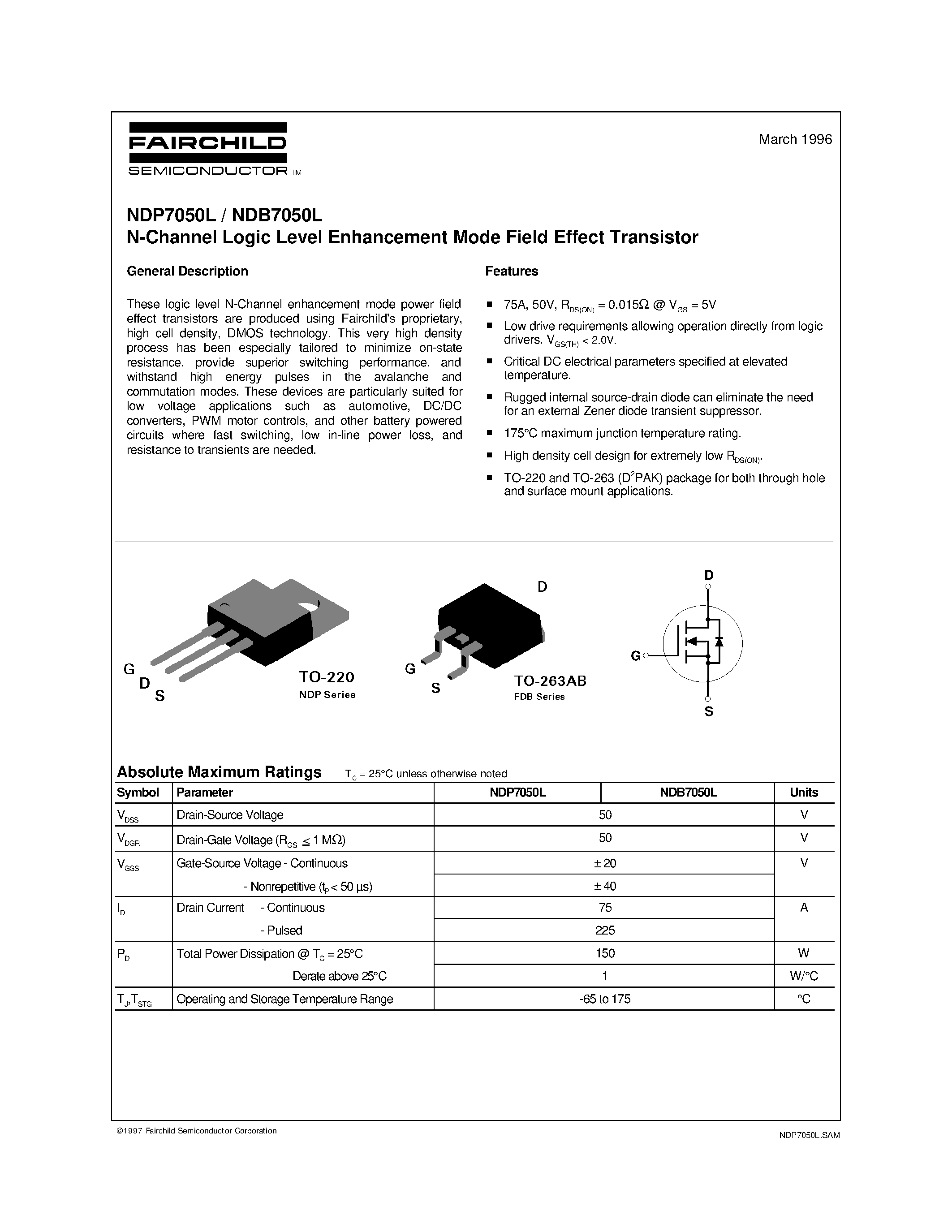 Datasheet NDP7050L page 1 Datasheet NDP7050L - N-Channel Logic Level Enhancement Mode Field Effect Transistor page 1