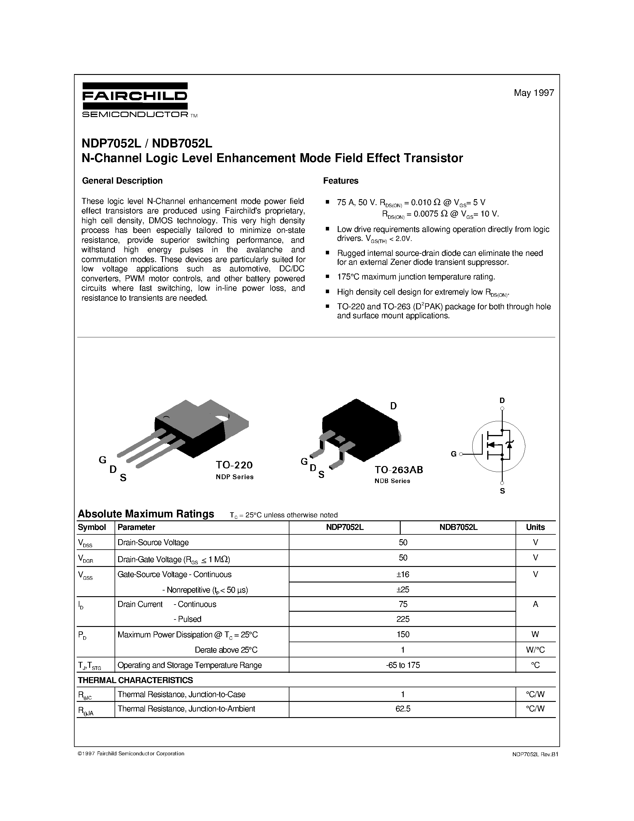 Datasheet NDP7052L - N-Channel Logic Level Enhancement Mode Field Effect Transistor page 1