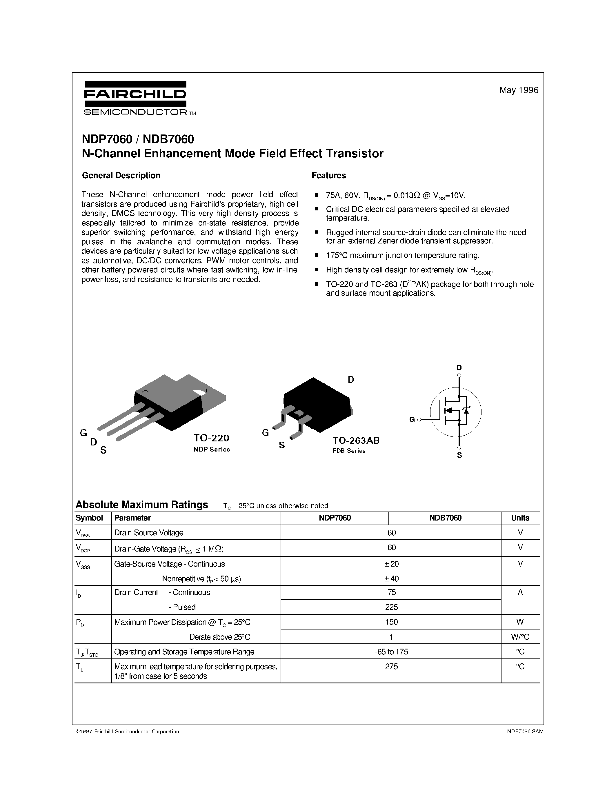 Datasheet NDP7060 - N-Channel Enhancement Mode Field Effect Transistor page 1