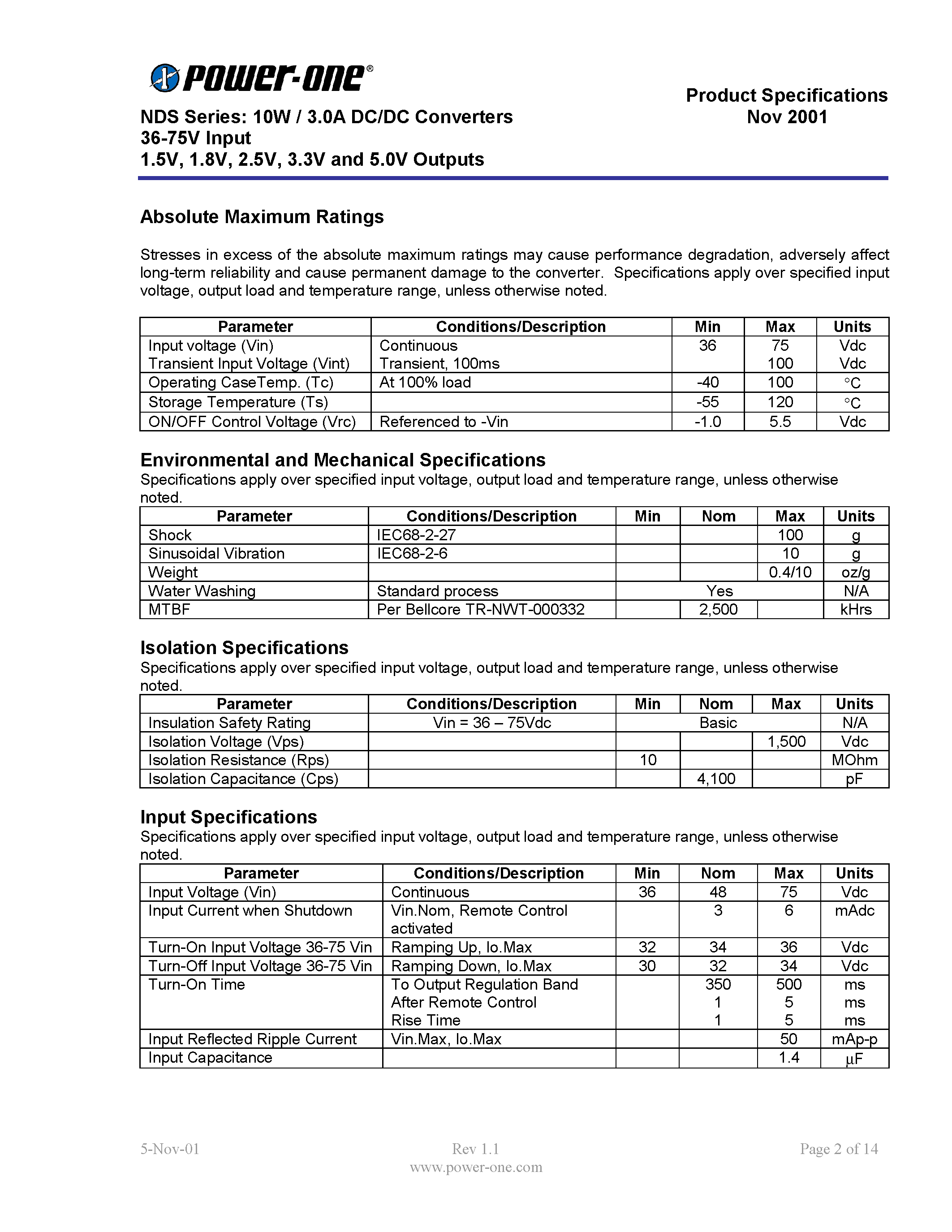 Datasheet NDS03ZA - NDS Series: 10W / 3.0A DC/DC Converters 36-75V Input 1.5V / 1.8V / 2.5V / 3.3V and 5.0V Outputs page 2