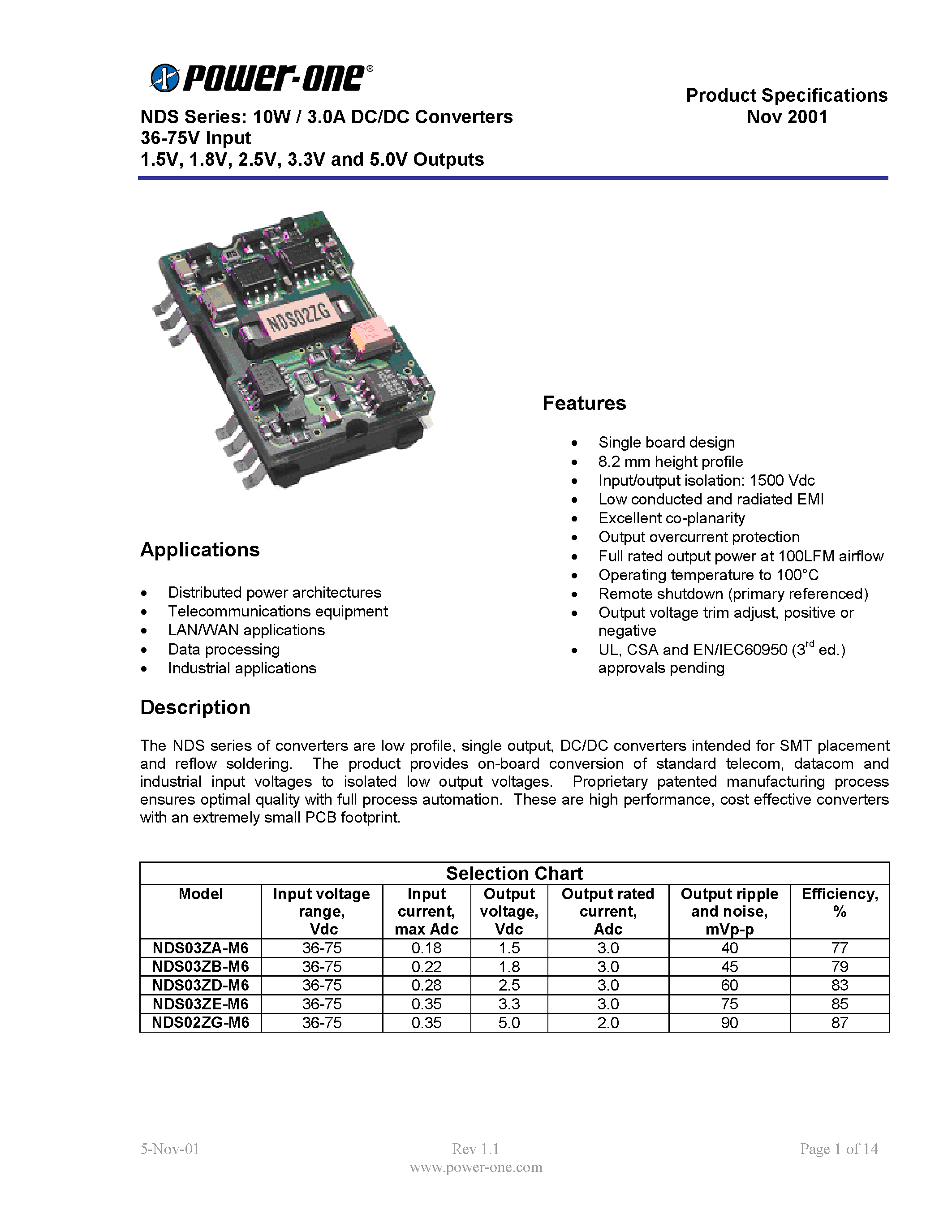 Datasheet NDS03ZE-M6 - NDS Series: 10W / 3.0A DC/DC Converters 36-75V Input 1.5V / 1.8V / 2.5V / 3.3V and 5.0V Outputs page 1