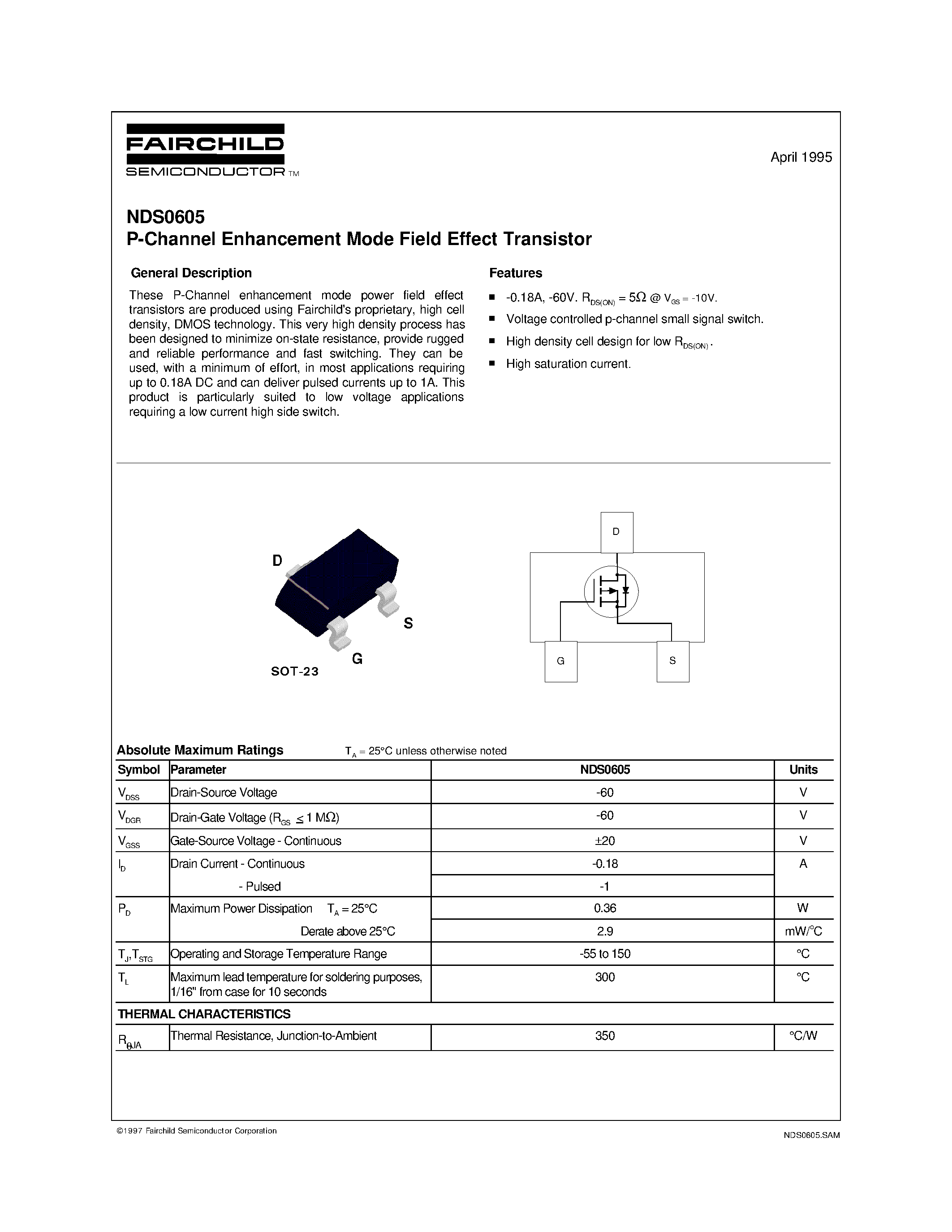 Даташит NDS0605 - P-Channel Enhancement Mode Field Effect Transistor страница 1