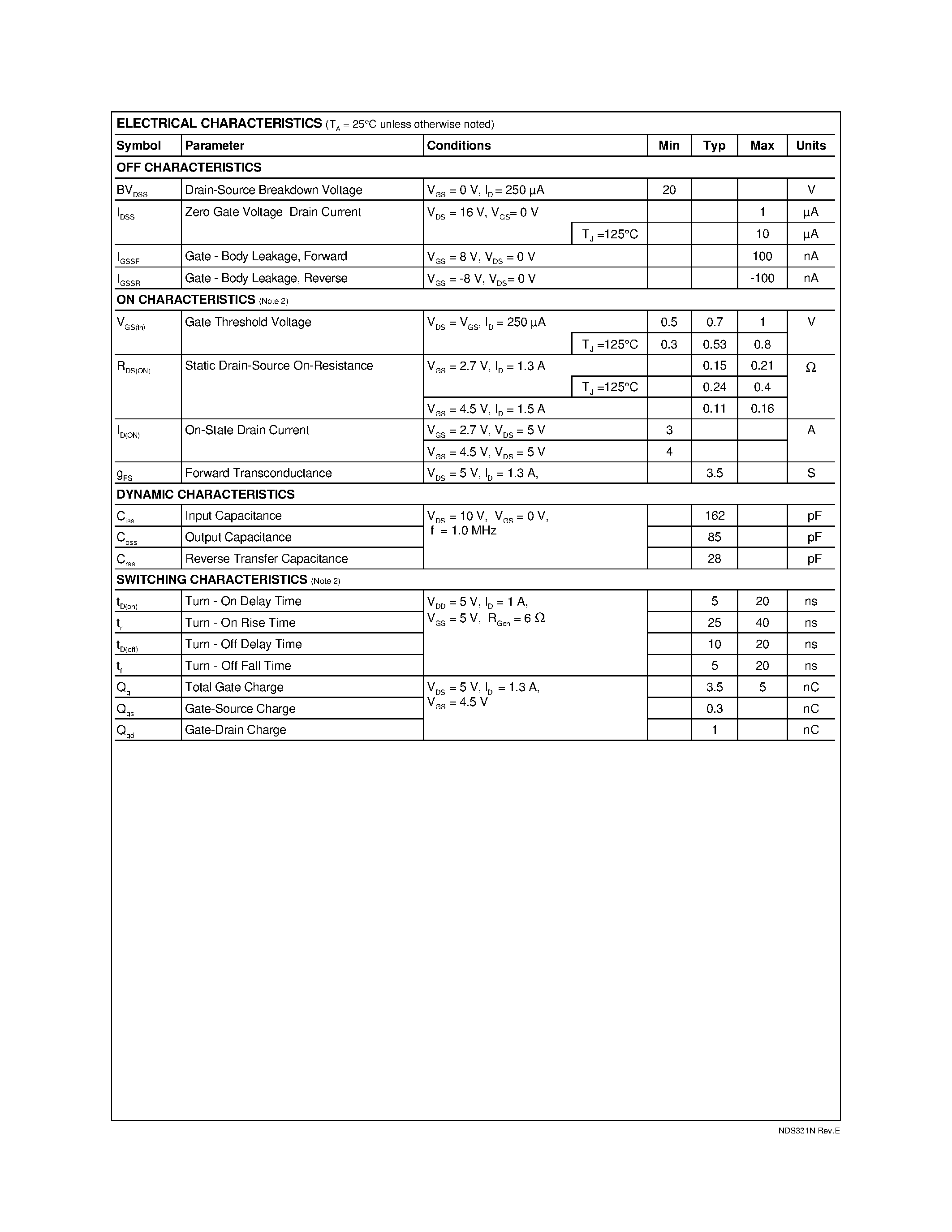 Datasheet NDS331 page 2 Datasheet NDS331 - N-Channel Logic Level Enhancement Mode Field Effect Transistor page 2