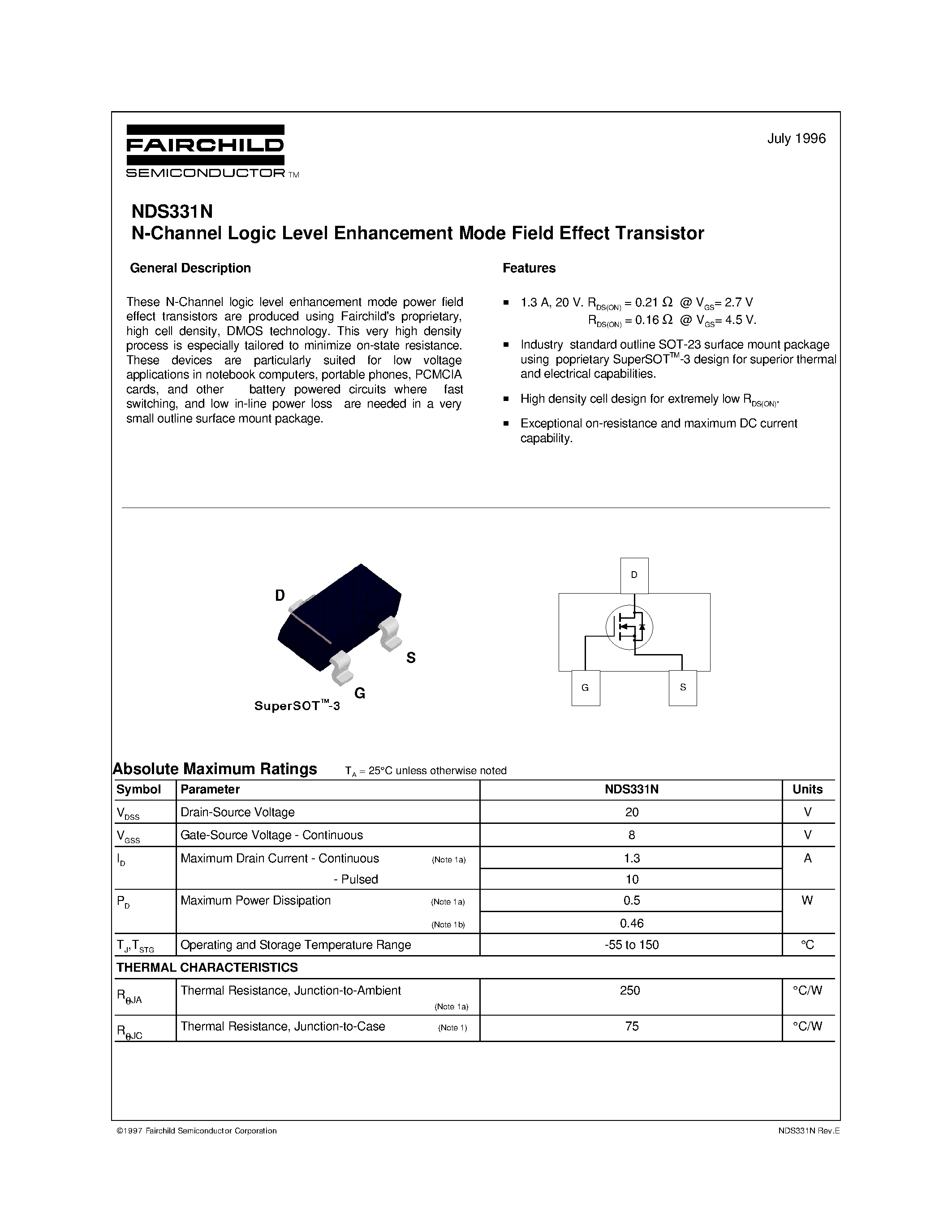 Datasheet NDS331N - N-Channel Logic Level Enhancement Mode Field Effect Transistor page 1