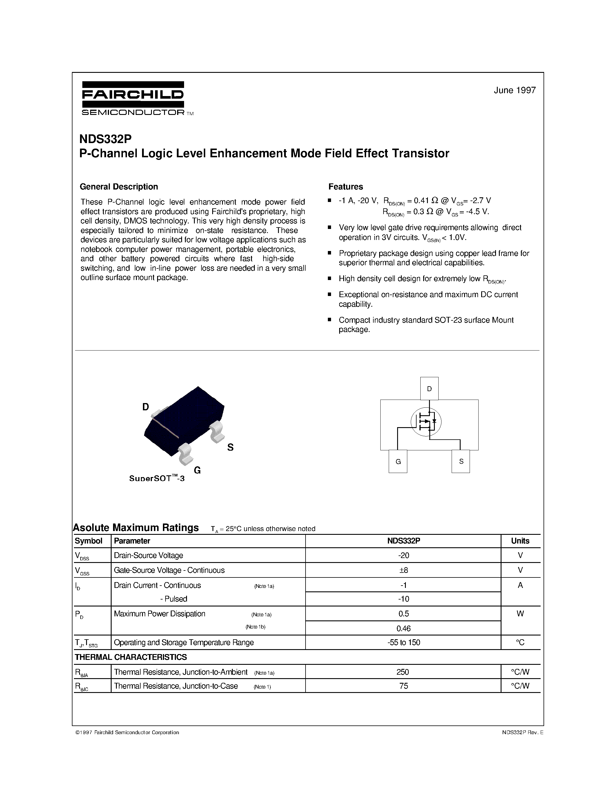 Даташит NDS332 - P-Channel Logic Level Enhancement Mode Field Effect Transistor страница 1