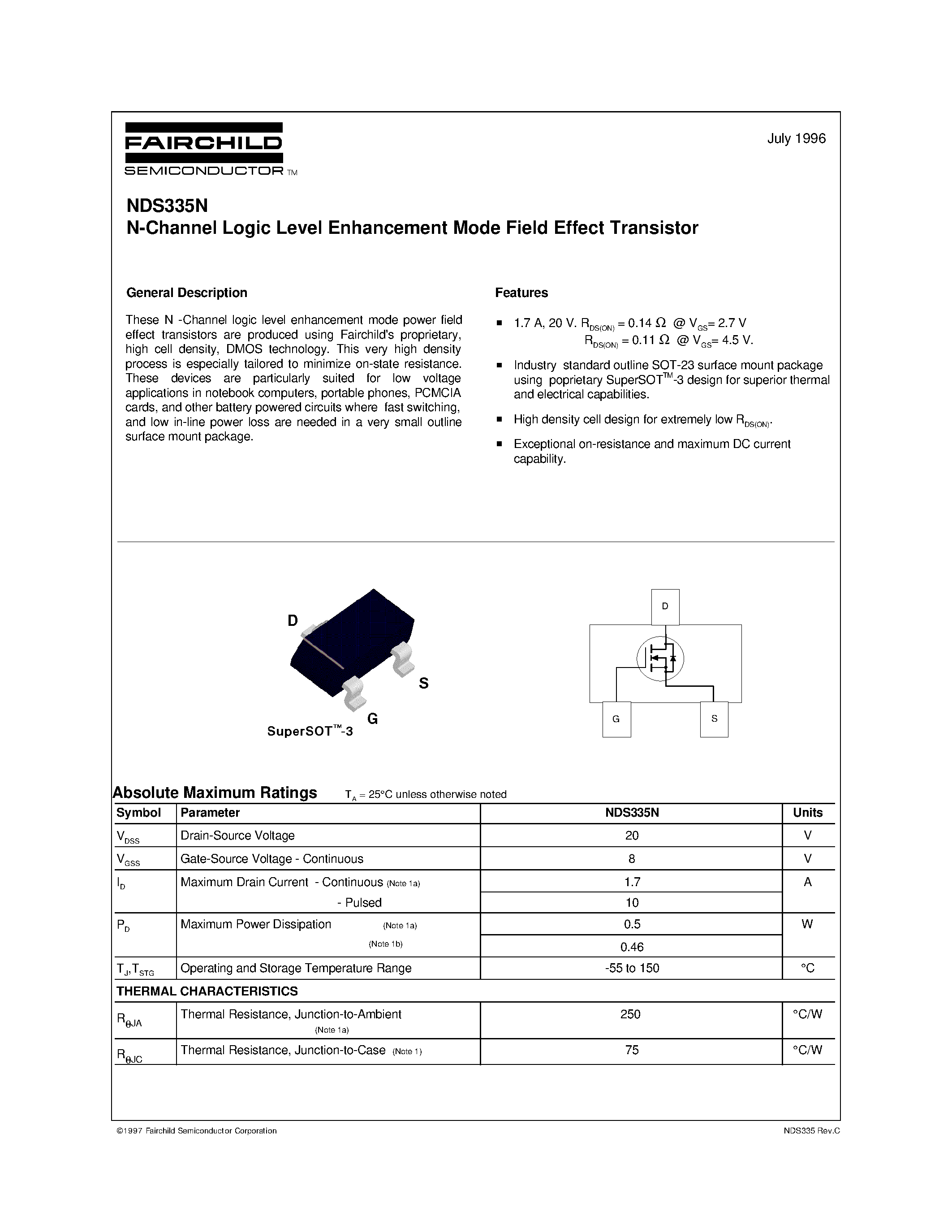 Datasheet NDS335 page 1 Datasheet NDS335 - N-Channel Logic Level Enhancement Mode Field Effect Transistor page 1