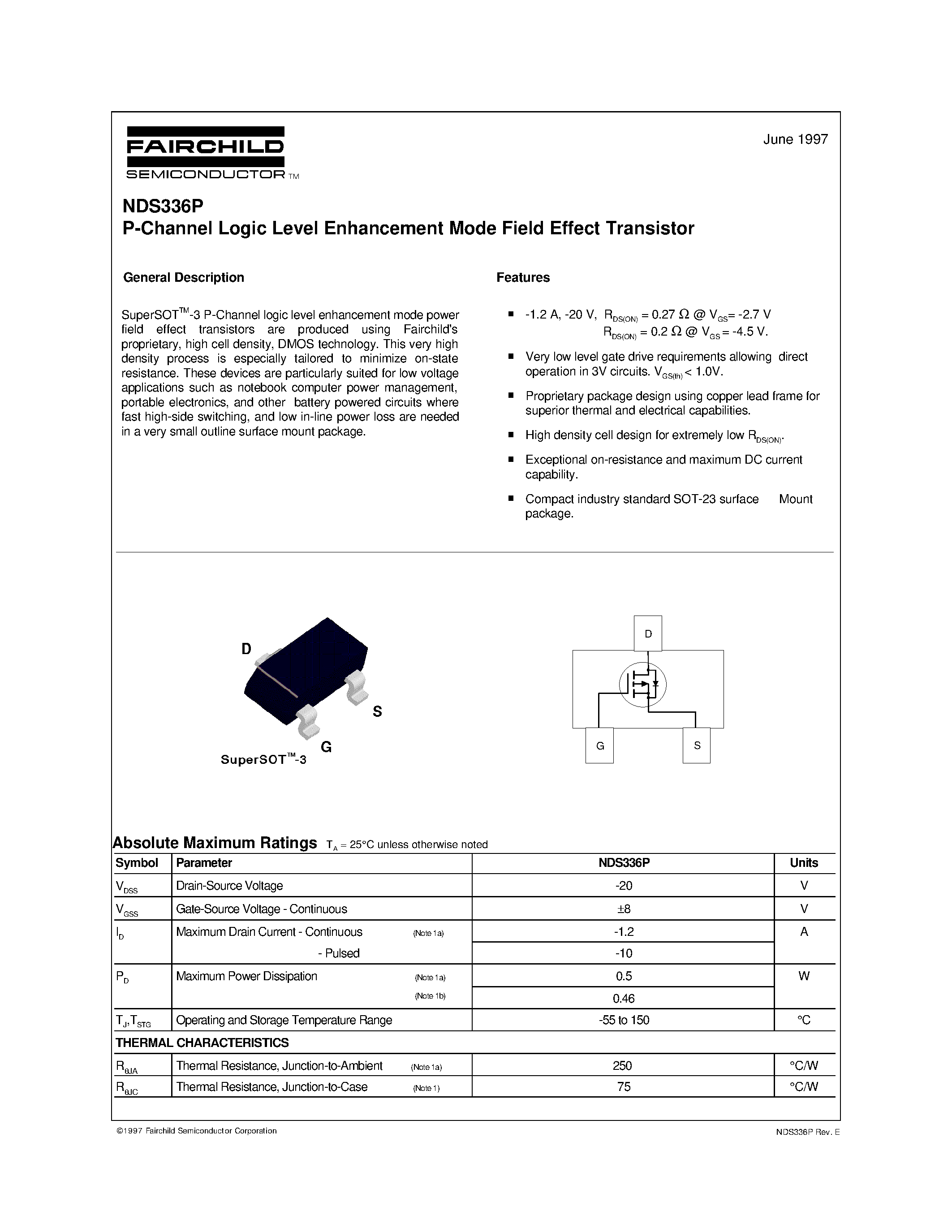 Даташит NDS336P - P-Channel Logic Level Enhancement Mode Field Effect Transistor страница 1