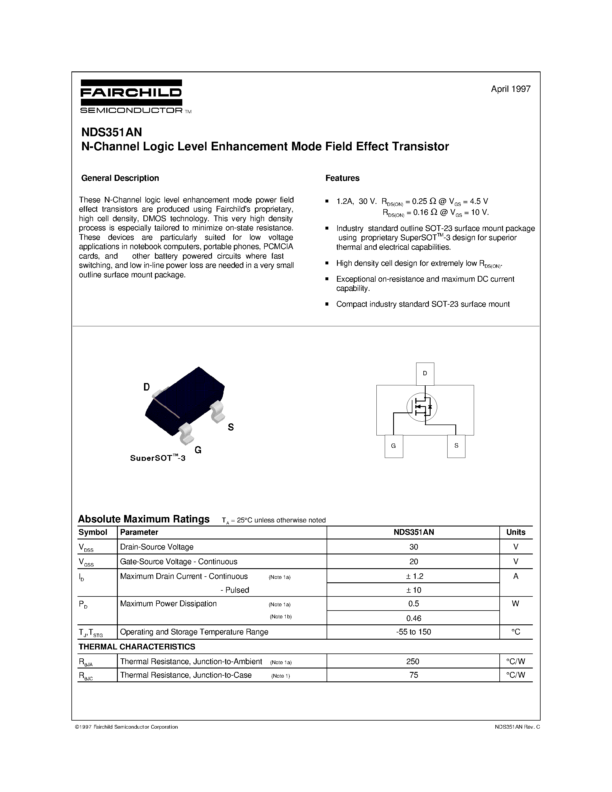 Datasheet NDS351AN - N-Channel Logic Level Enhancement Mode Field Effect Transistor page 1
