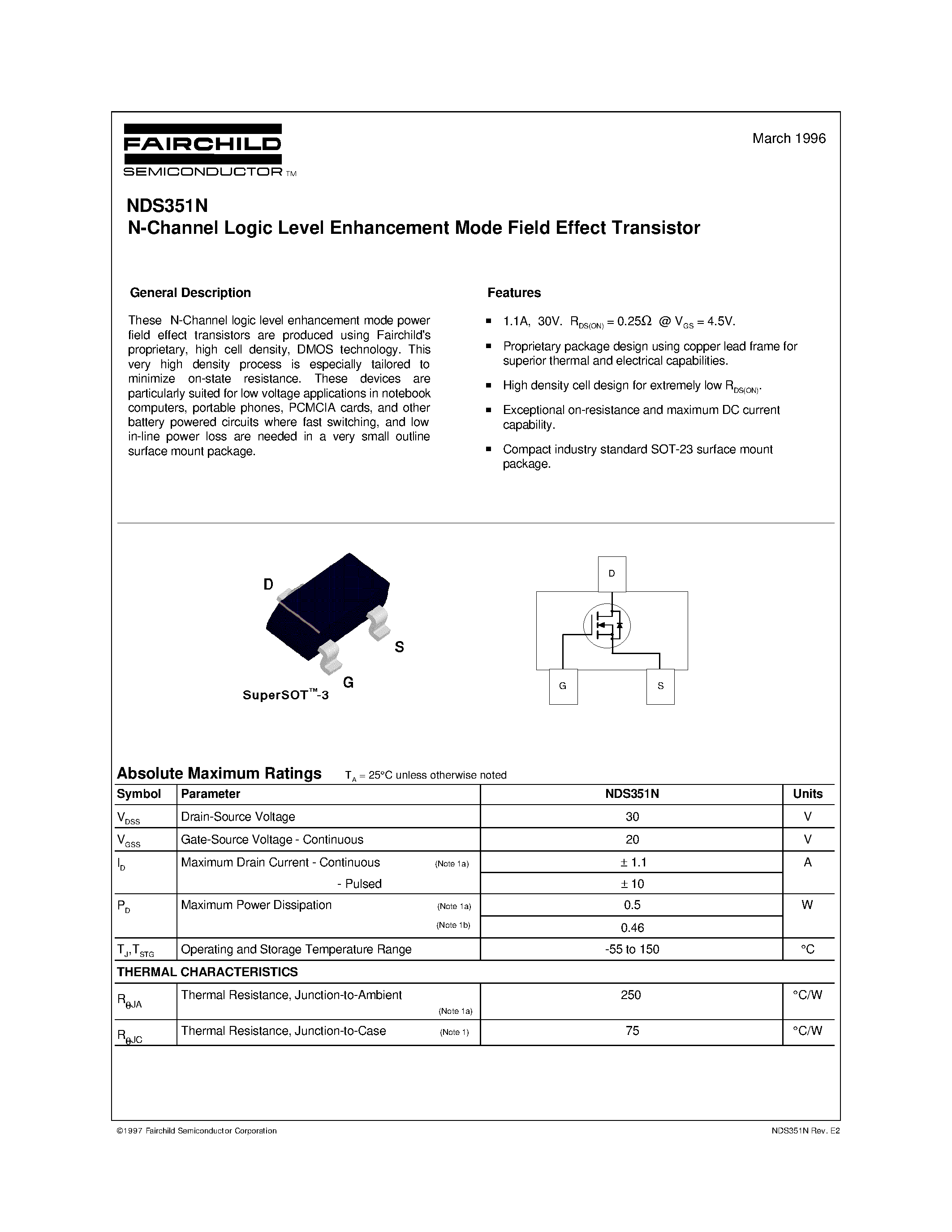 Datasheet NDS351N - N-Channel Logic Level Enhancement Mode Field Effect Transistor page 1