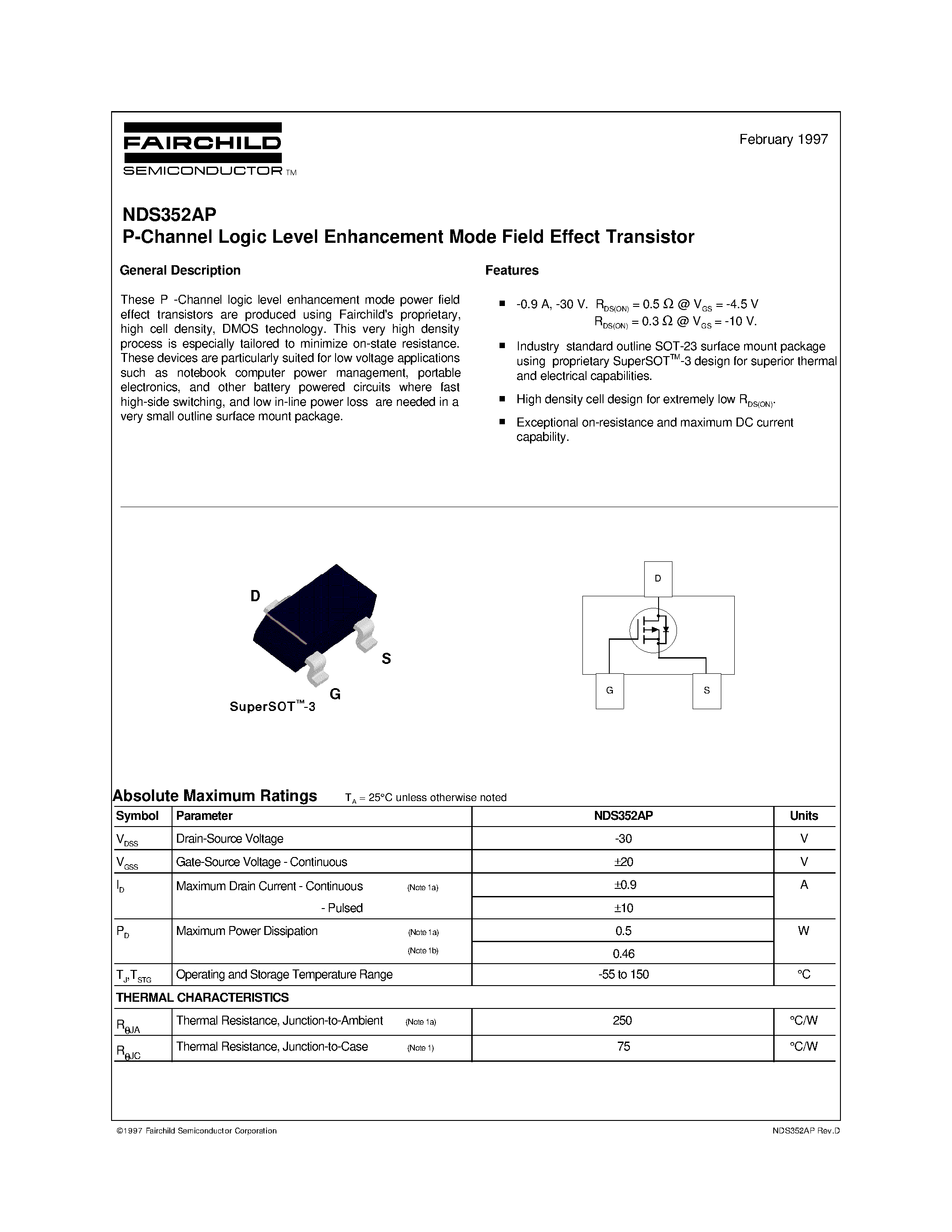 Даташит NDS352AP - P-Channel Logic Level Enhancement Mode Field Effect Transistor страница 1
