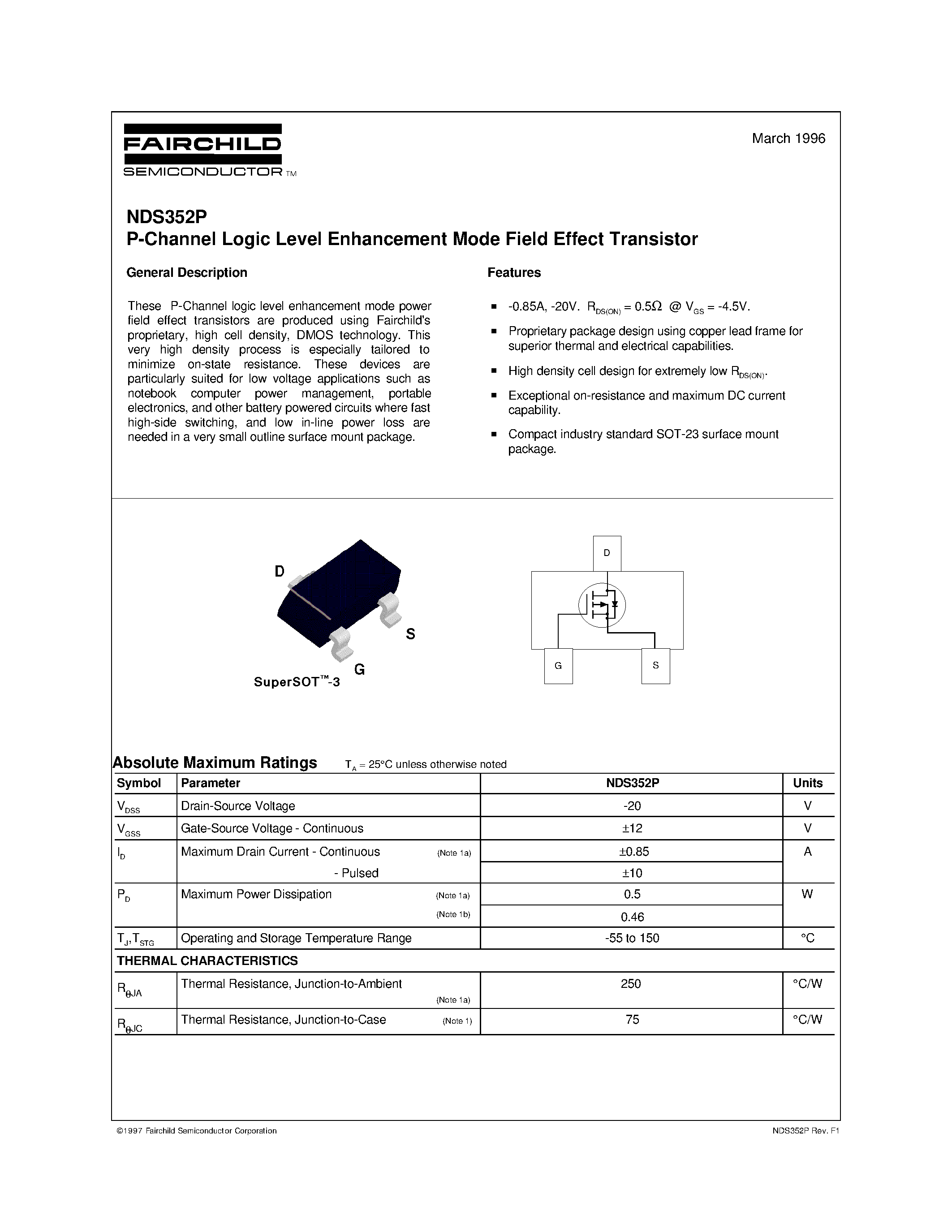 Даташит NDS352P - P-Channel Logic Level Enhancement Mode Field Effect Transistor страница 1