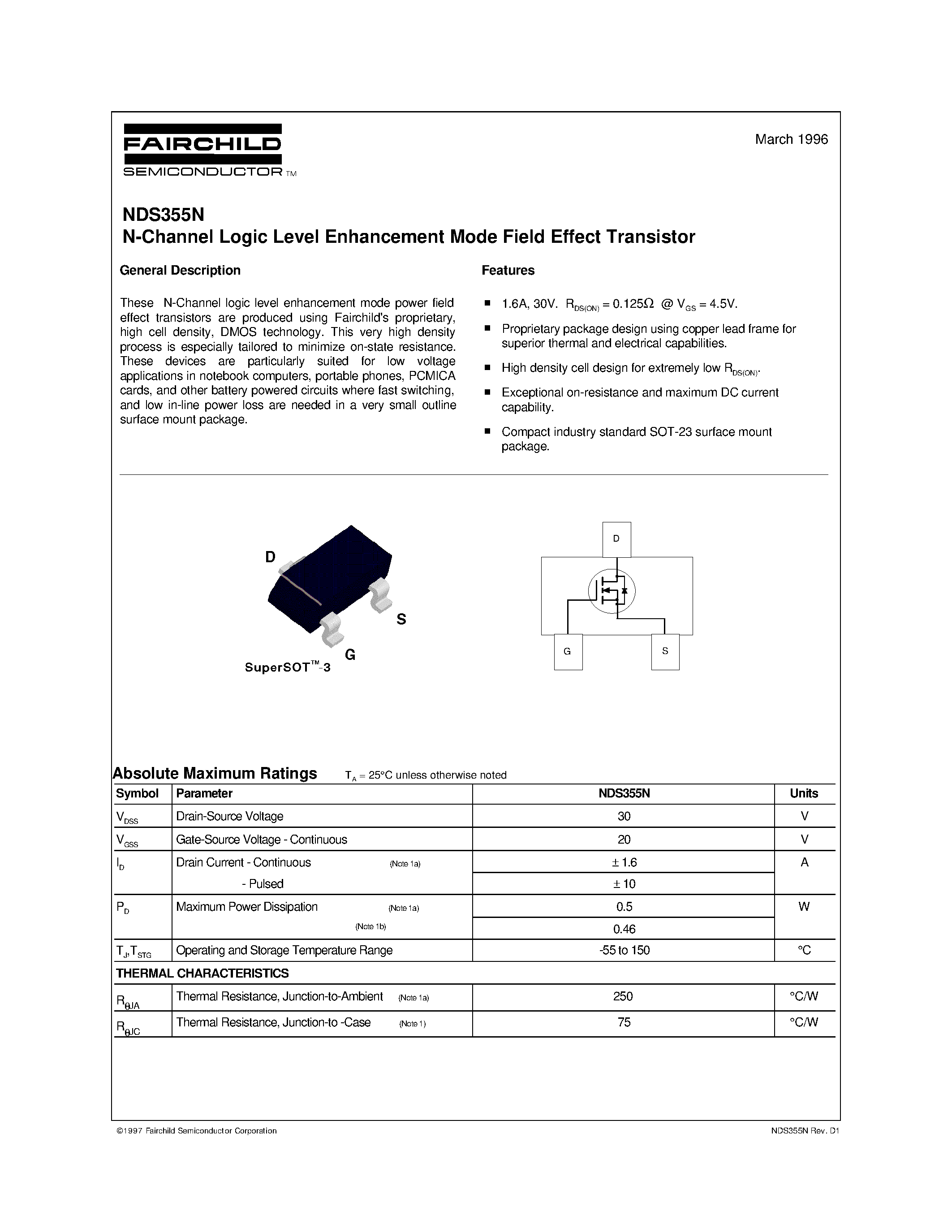 Datasheet NDS355N - N-Channel Logic Level Enhancement Mode Field Effect Transistor page 1