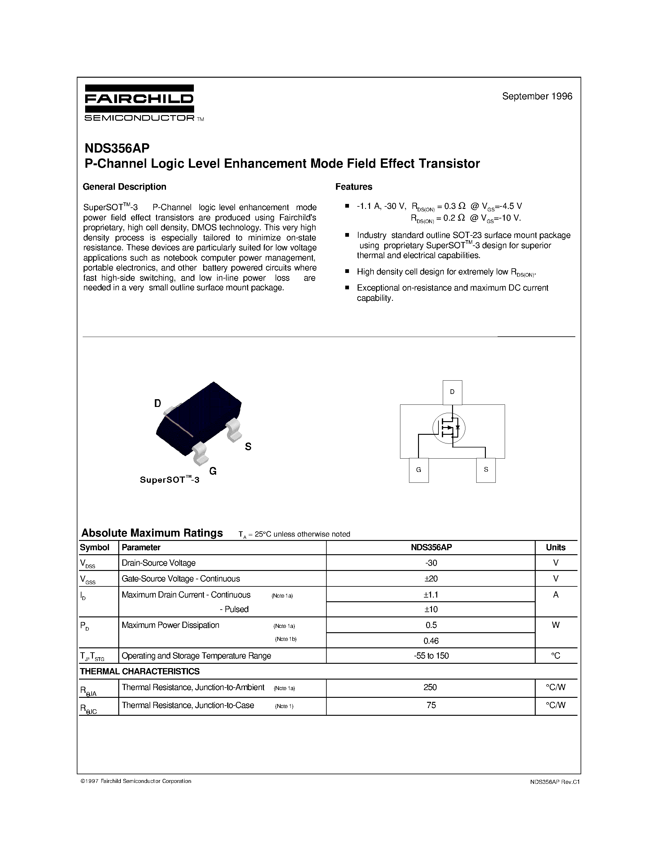 Даташит NDS356AP - P-Channel Logic Level Enhancement Mode Field Effect Transistor страница 1