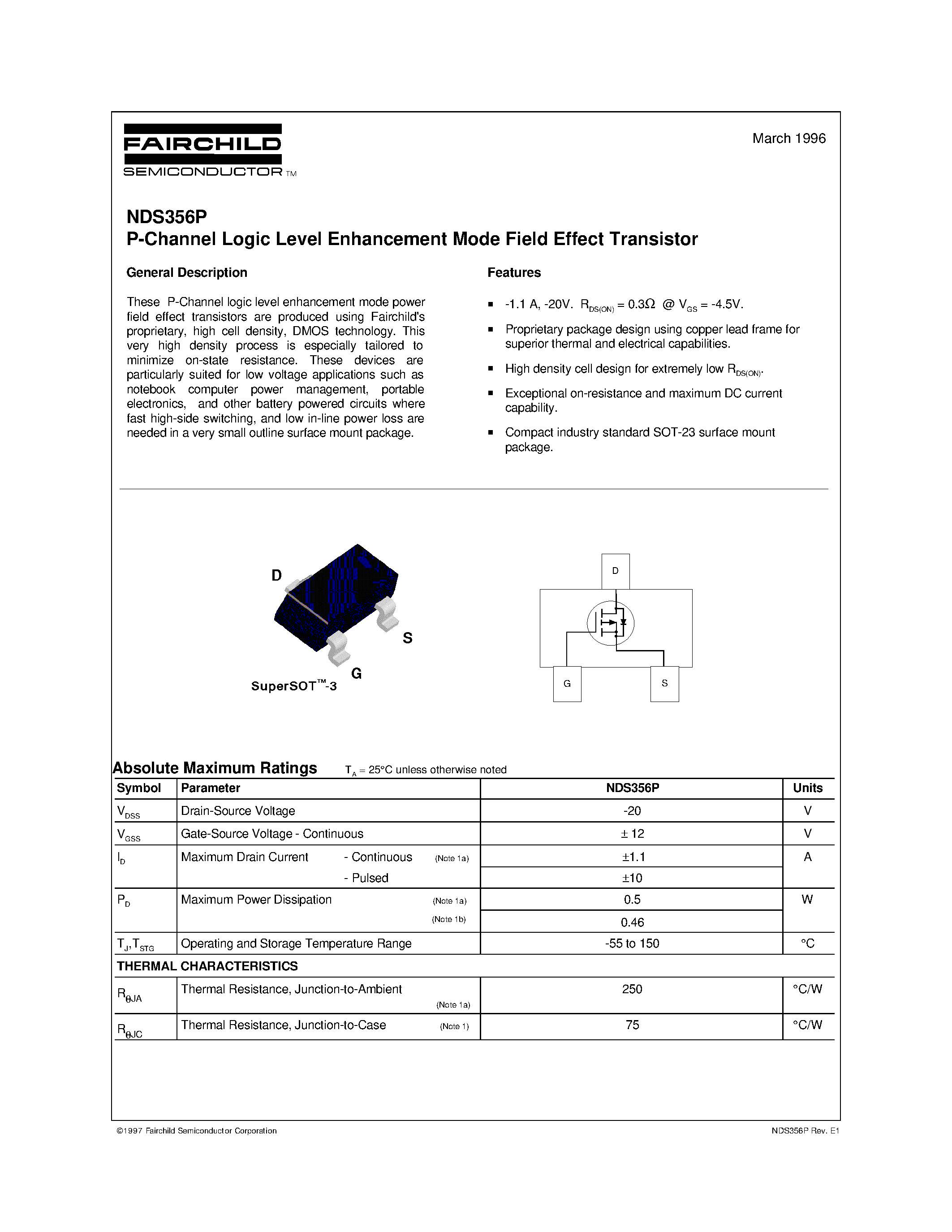 Даташит NDS356P - P-Channel Logic Level Enhancement Mode Field Effect Transistor страница 1