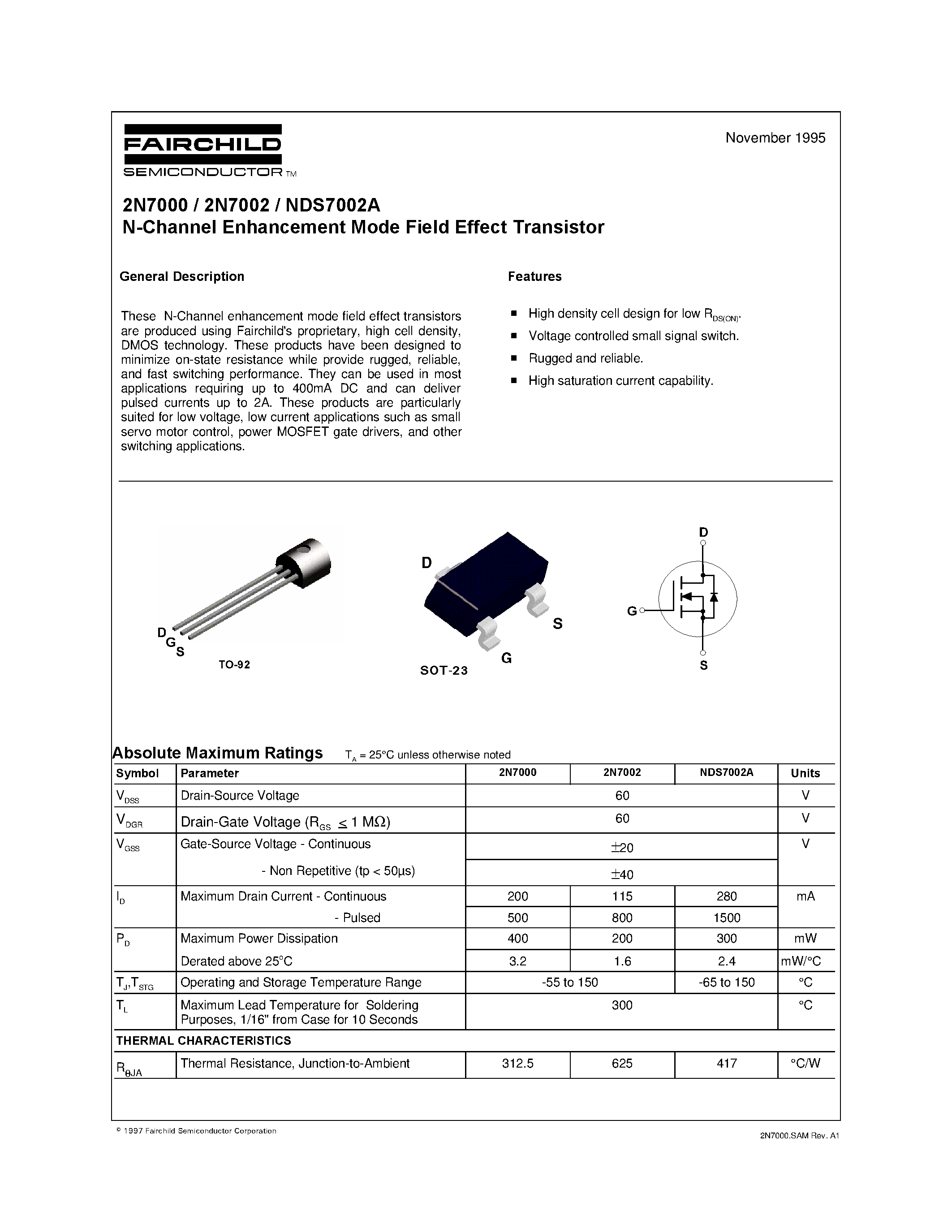 Datasheet NDS7002A - N-Channel Enhancement Mode Field Effect Transistor page 1