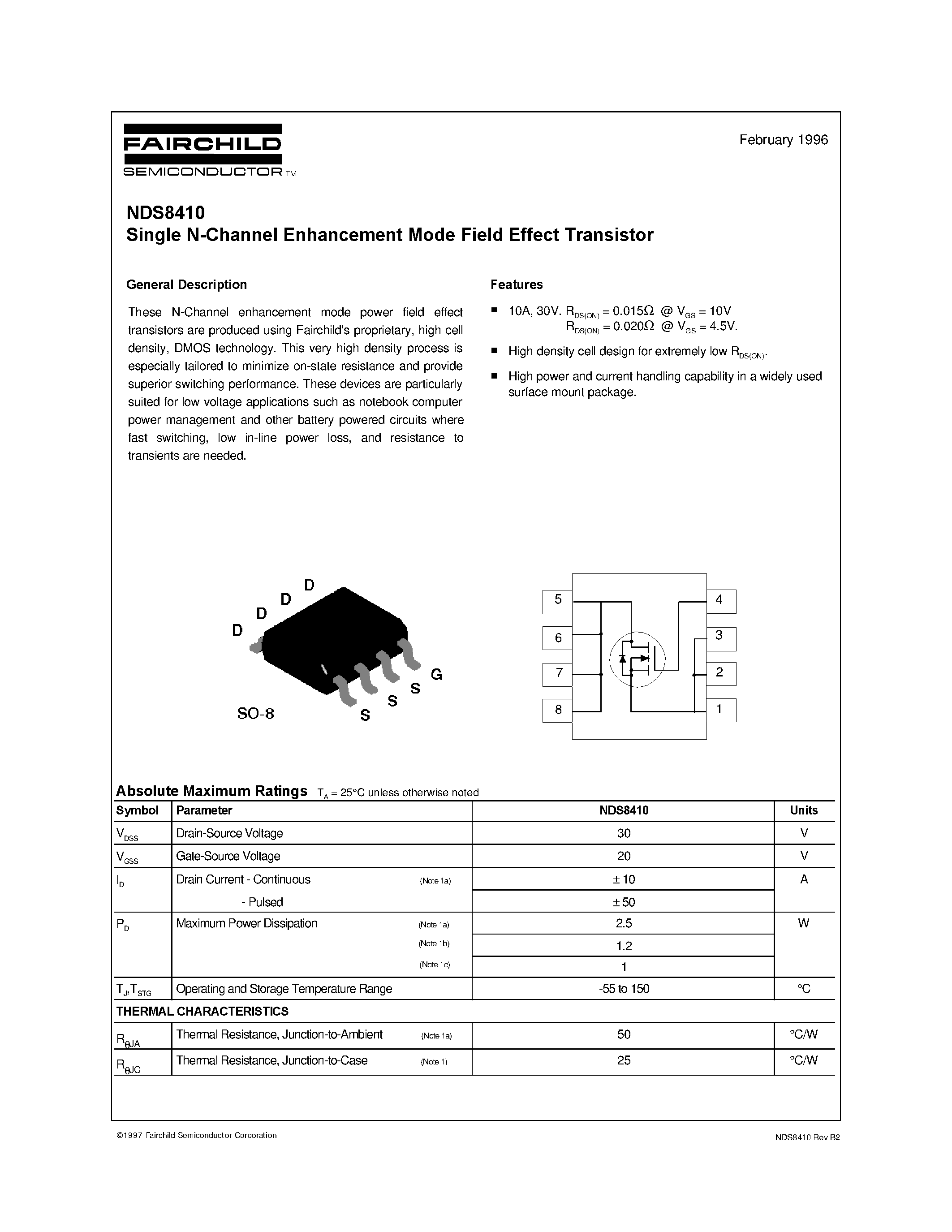 Datasheet NDS8410 - Single N-Channel Enhancement Mode Field Effect Transistor page 1