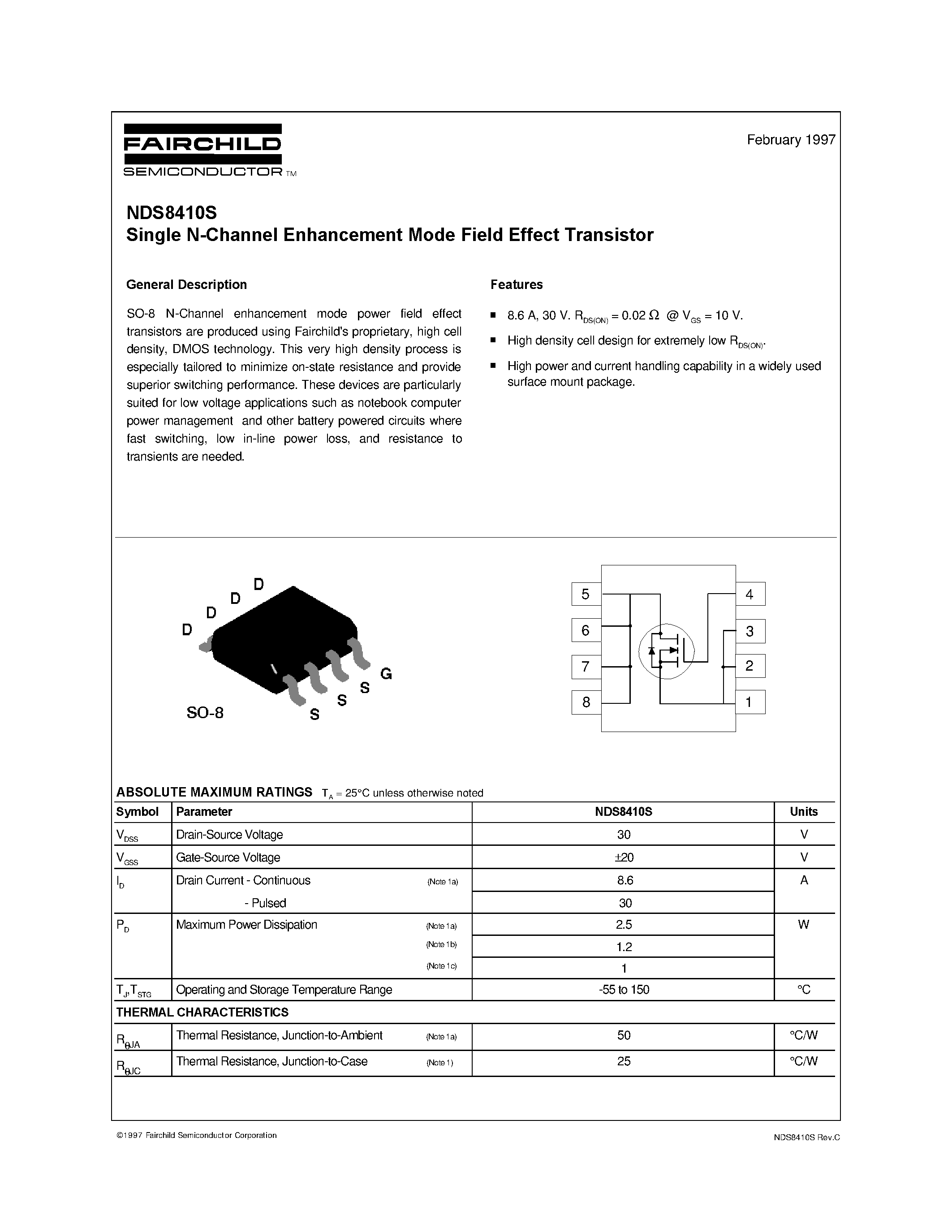 Datasheet NDS8410S - Single N-Channel Enhancement Mode Field Effect Transistor page 1
