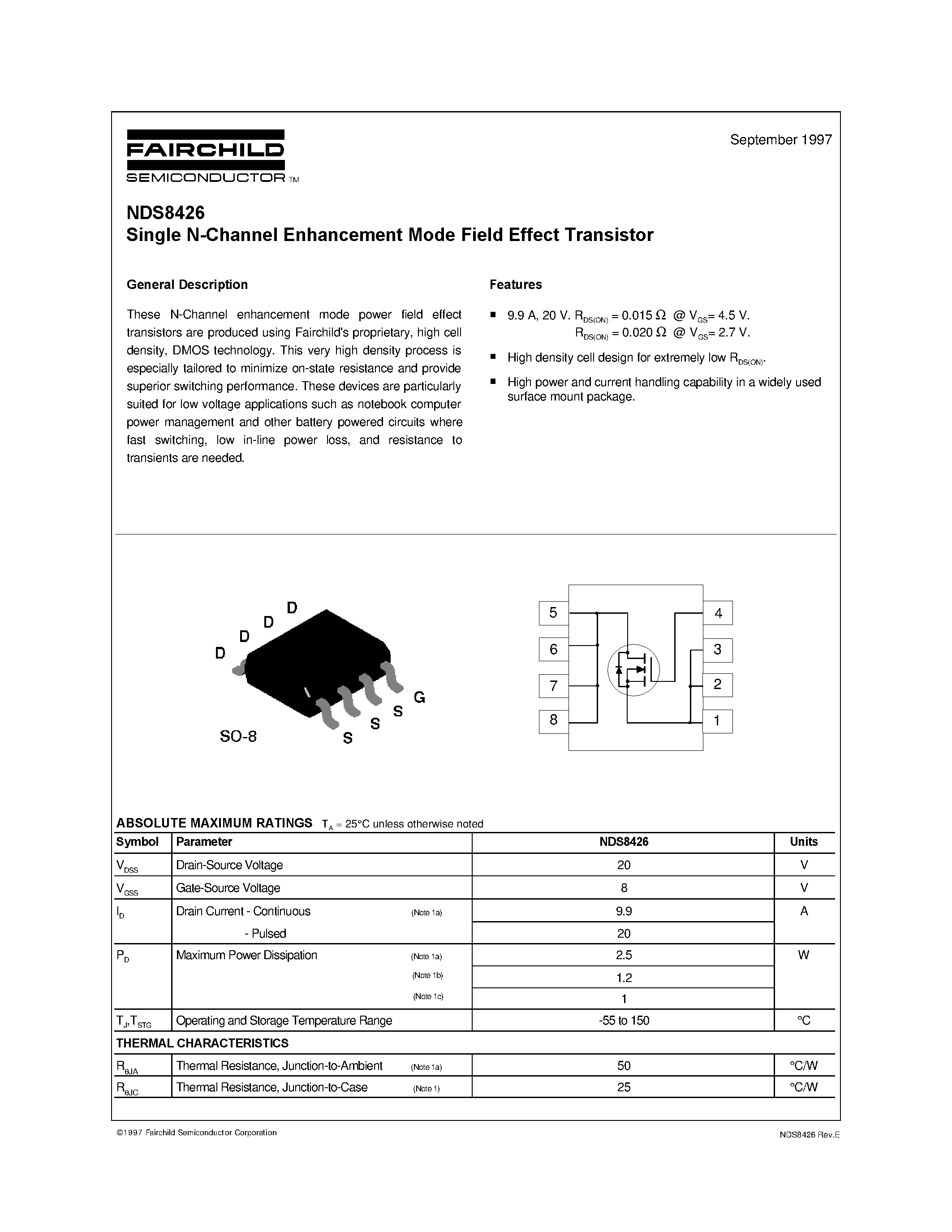 Datasheet NDS8426 - Single N-Channel Enhancement Mode Field Effect Transistor page 1