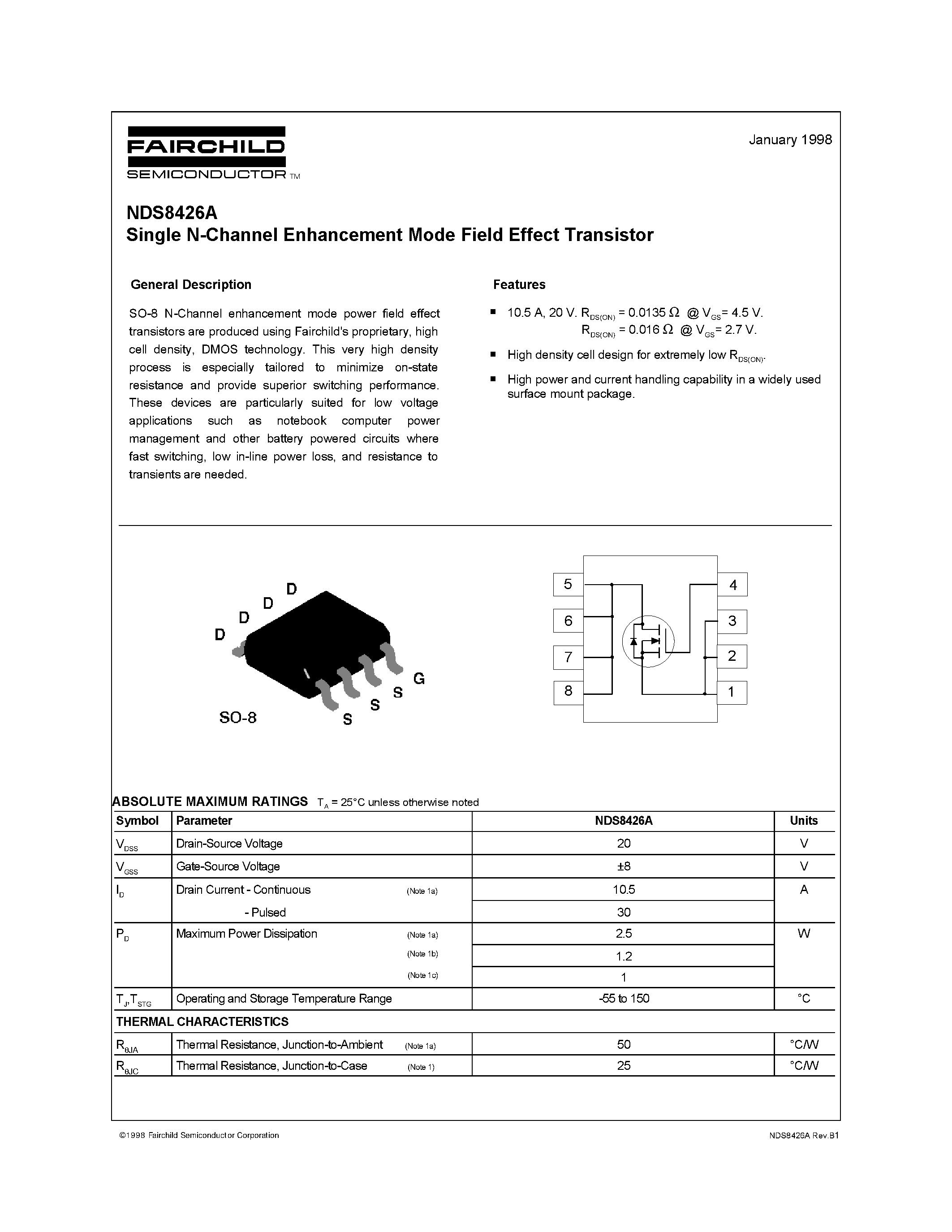 Datasheet NDS8426A page 1 Datasheet NDS8426A - Single N-Channel Enhancement Mode Field Effect Transistor page 1