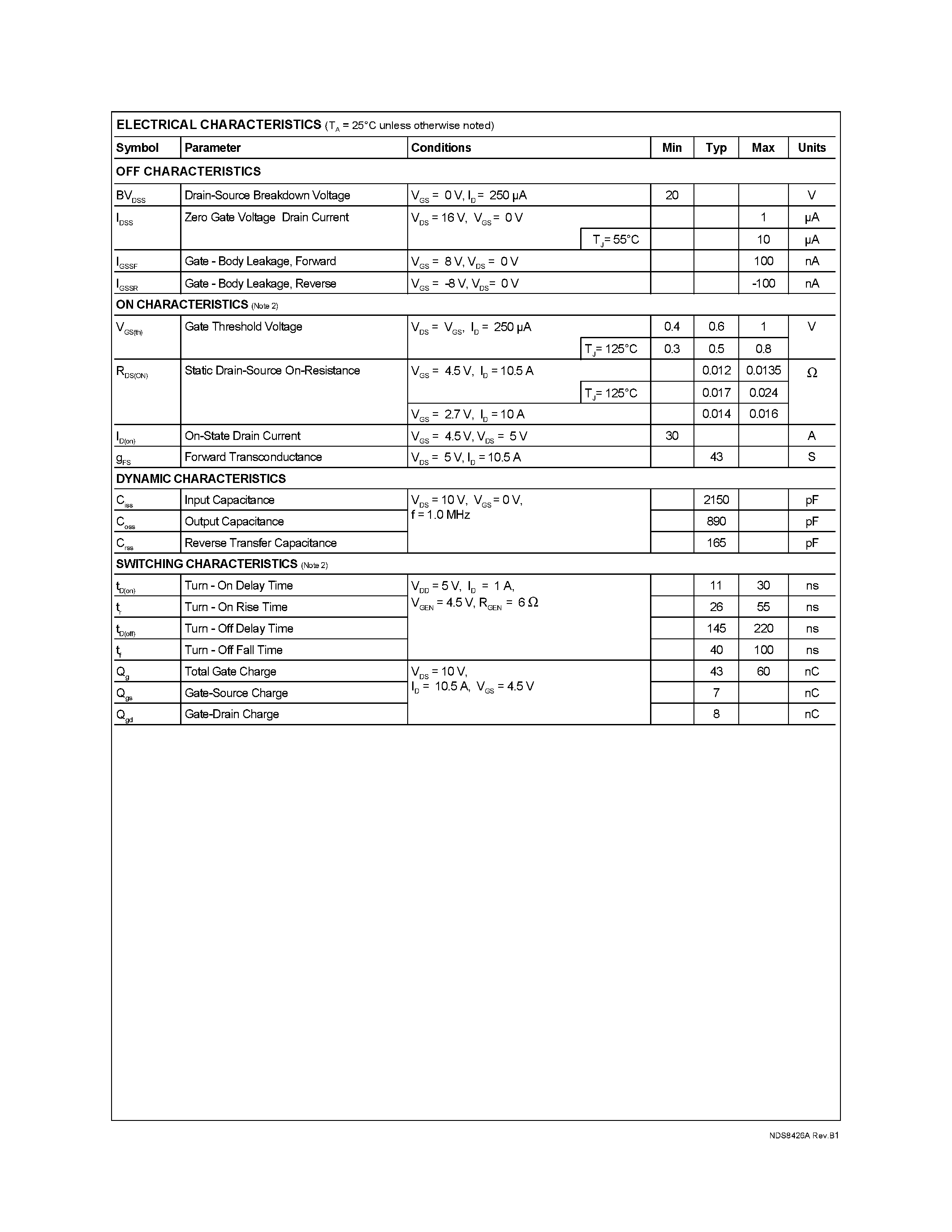 Datasheet NDS8426A page 2 Datasheet NDS8426A - Single N-Channel Enhancement Mode Field Effect Transistor page 2